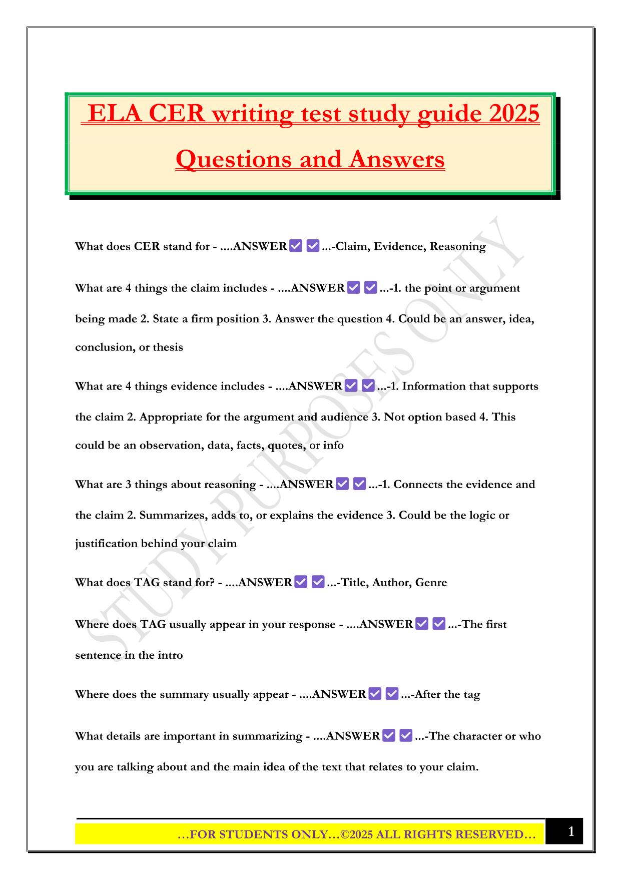 ELA CER writing test study guide 2025 Questions and Answers