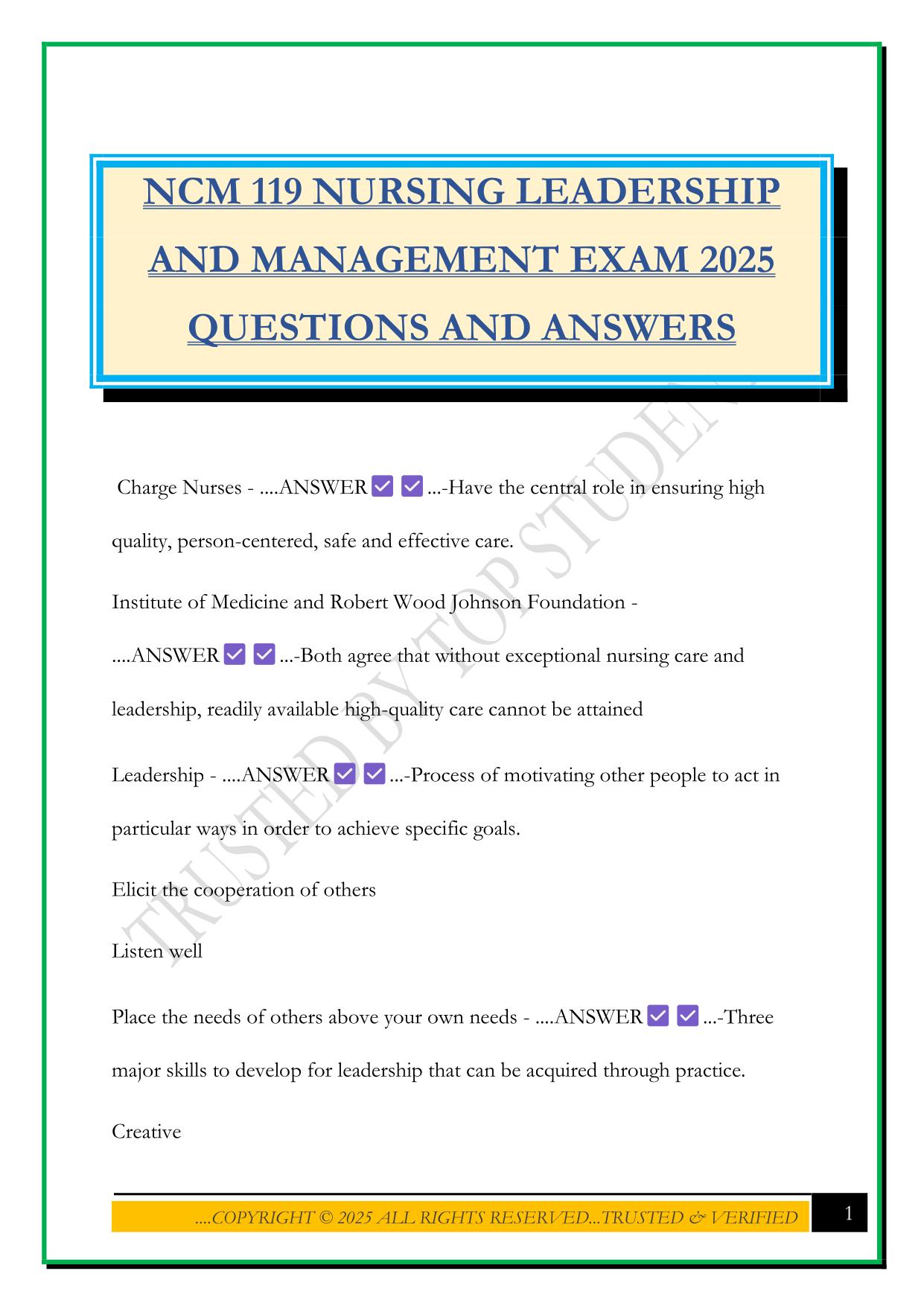 NCM 119 NURSING LEADERSHIP AND MANAGEMENT EXAM 2025 QUESTIONS AND ANSWERS