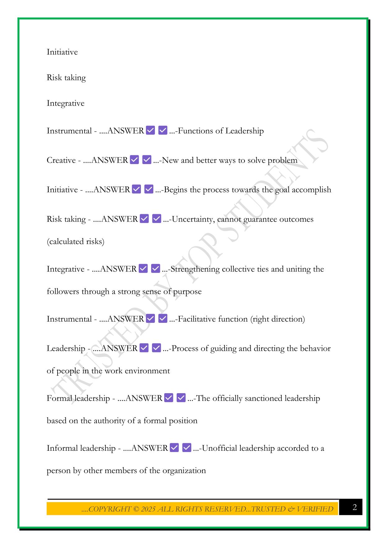 NCM 119 NURSING LEADERSHIP AND MANAGEMENT EXAM 2025 QUESTIONS AND ANSWERS