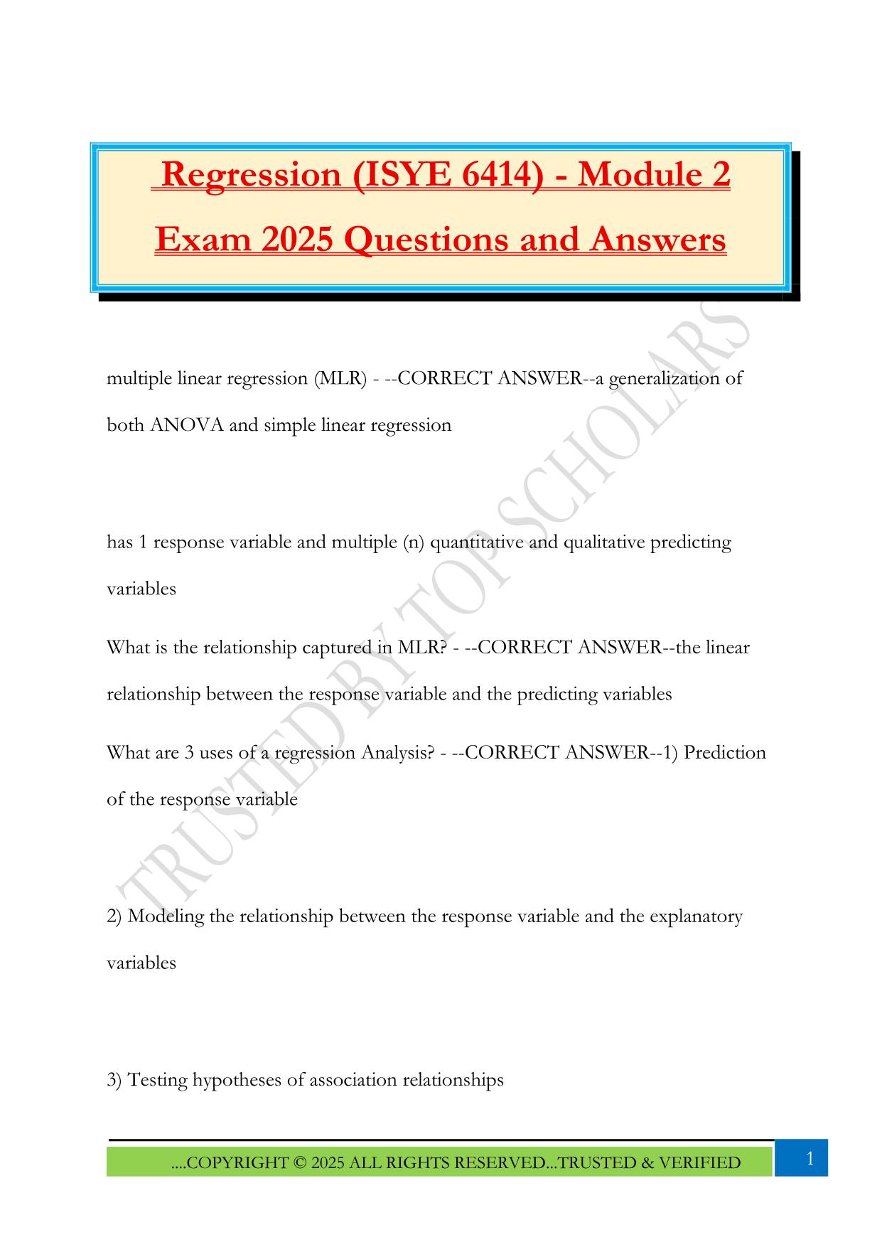 Regression (ISYE 6414) - Module 2 Exam 2025 Questions and Answers