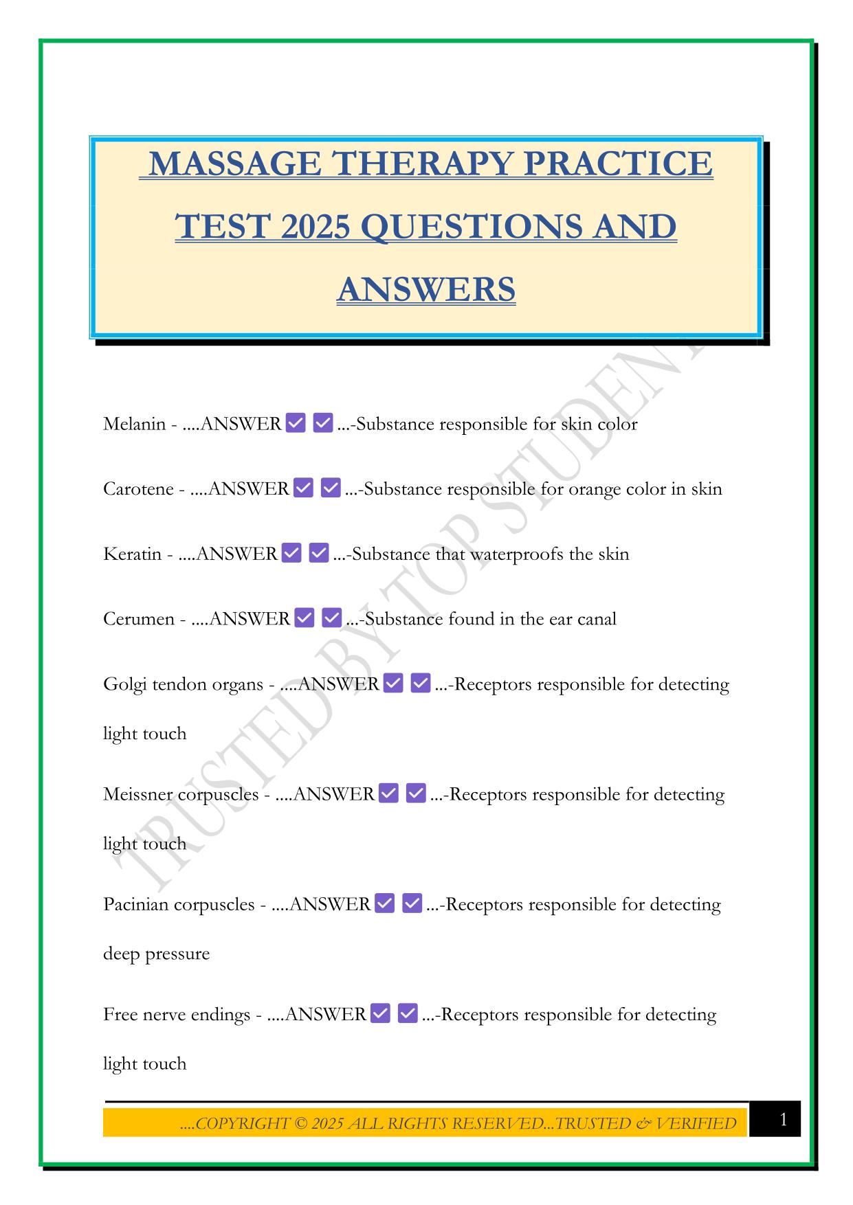 MASSAGE THERAPY PRACTICE TEST 2025 QUESTIONS AND ANSWERS