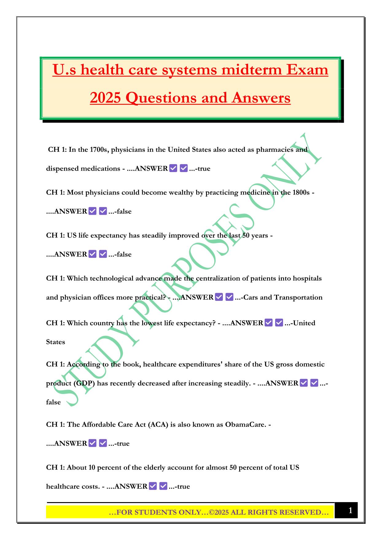 U.s health care systems midterm Exam 2025 Questions and Answers