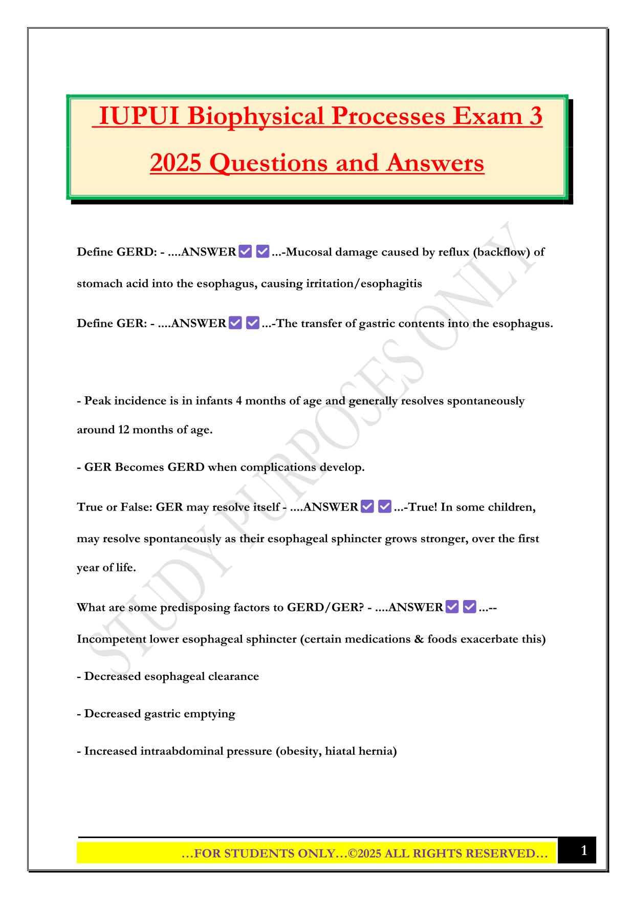 IUPUI Biophysical Processes Exam 3 2025 Questions and Answers
