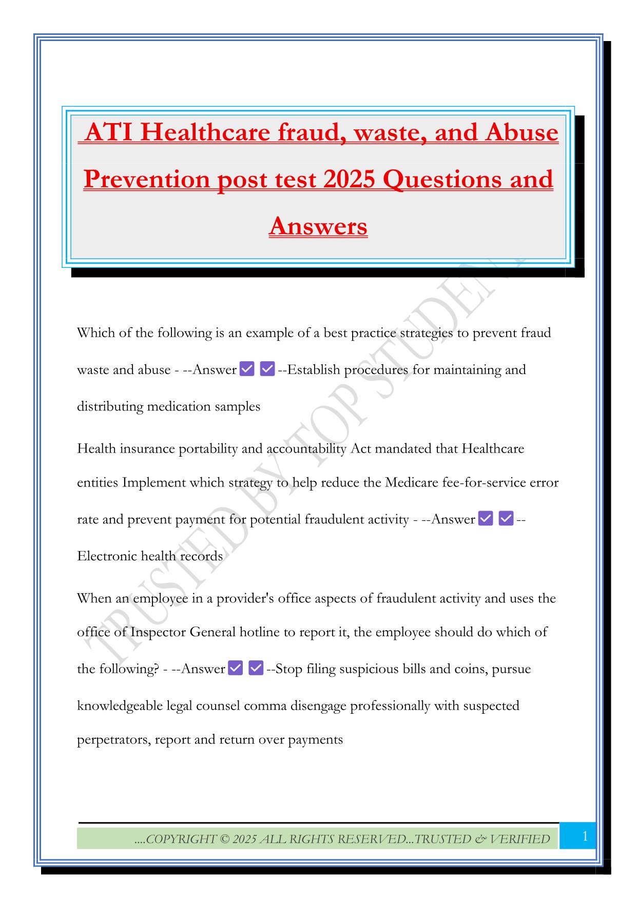 ATI Healthcare fraud, waste, and Abuse Prevention post test 2025 Questions and Answers