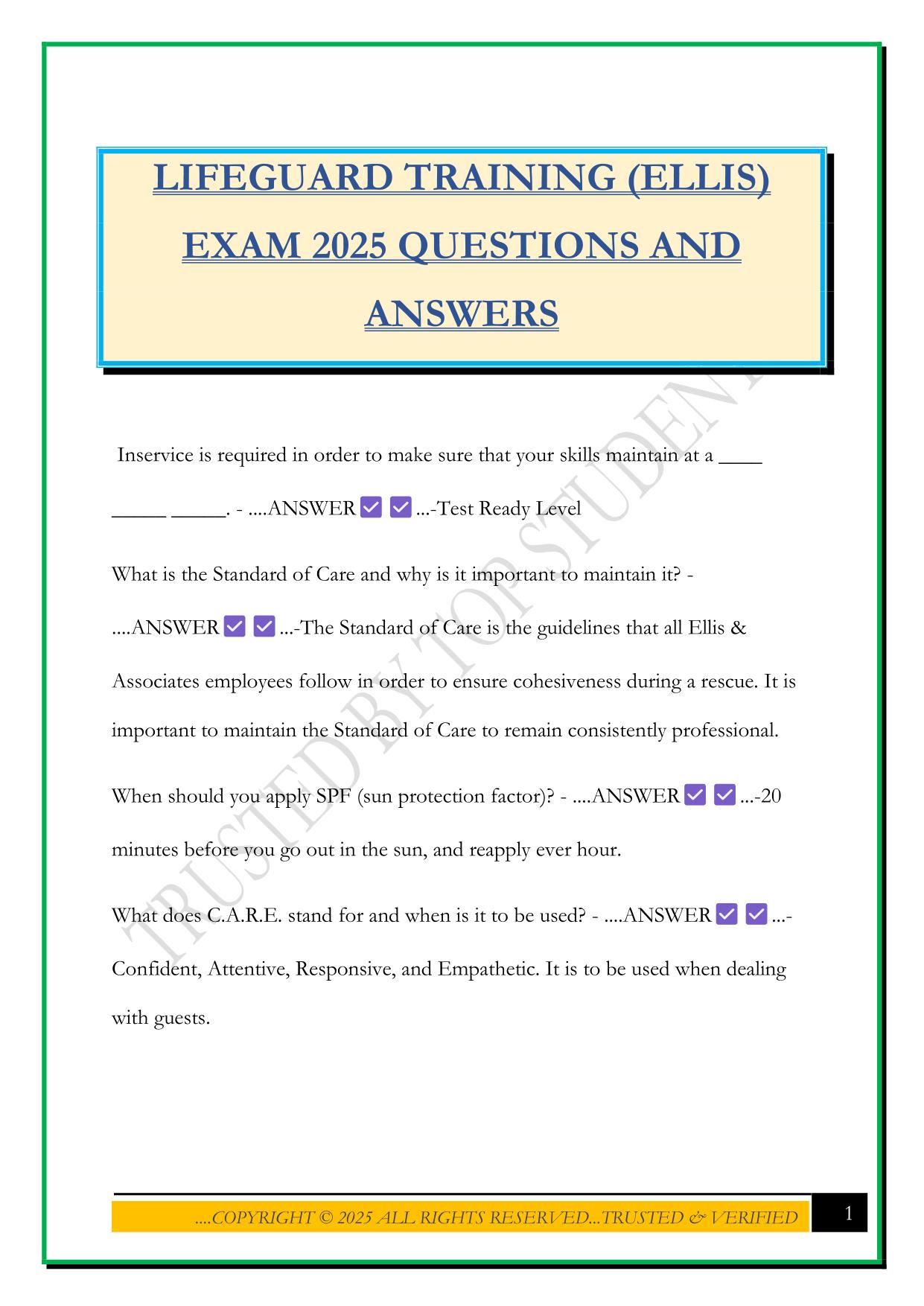 LIFEGUARD TRAINING (ELLIS) EXAM 2025 QUESTIONS AND ANSWERS