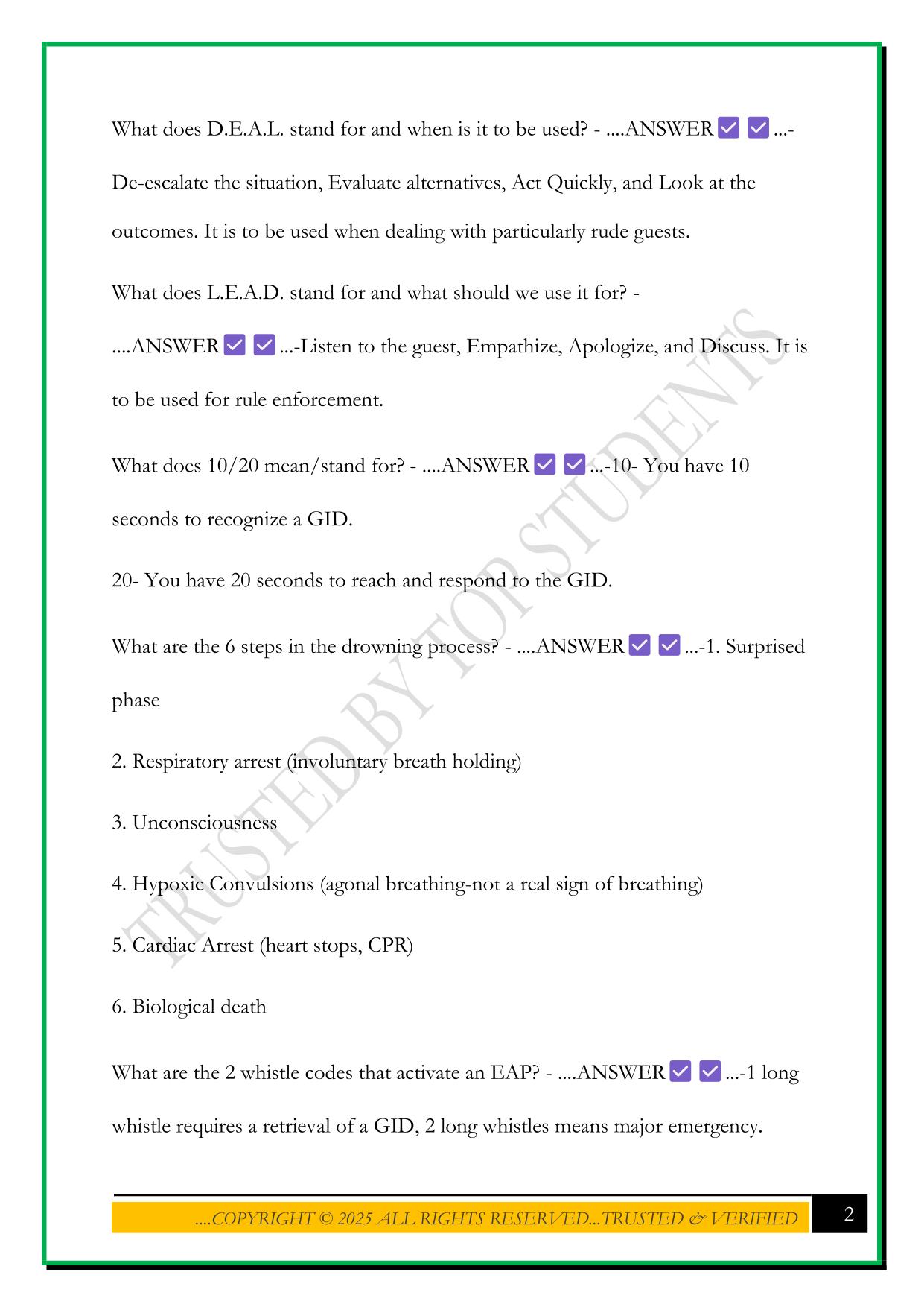 LIFEGUARD TRAINING (ELLIS) EXAM 2025 QUESTIONS AND ANSWERS