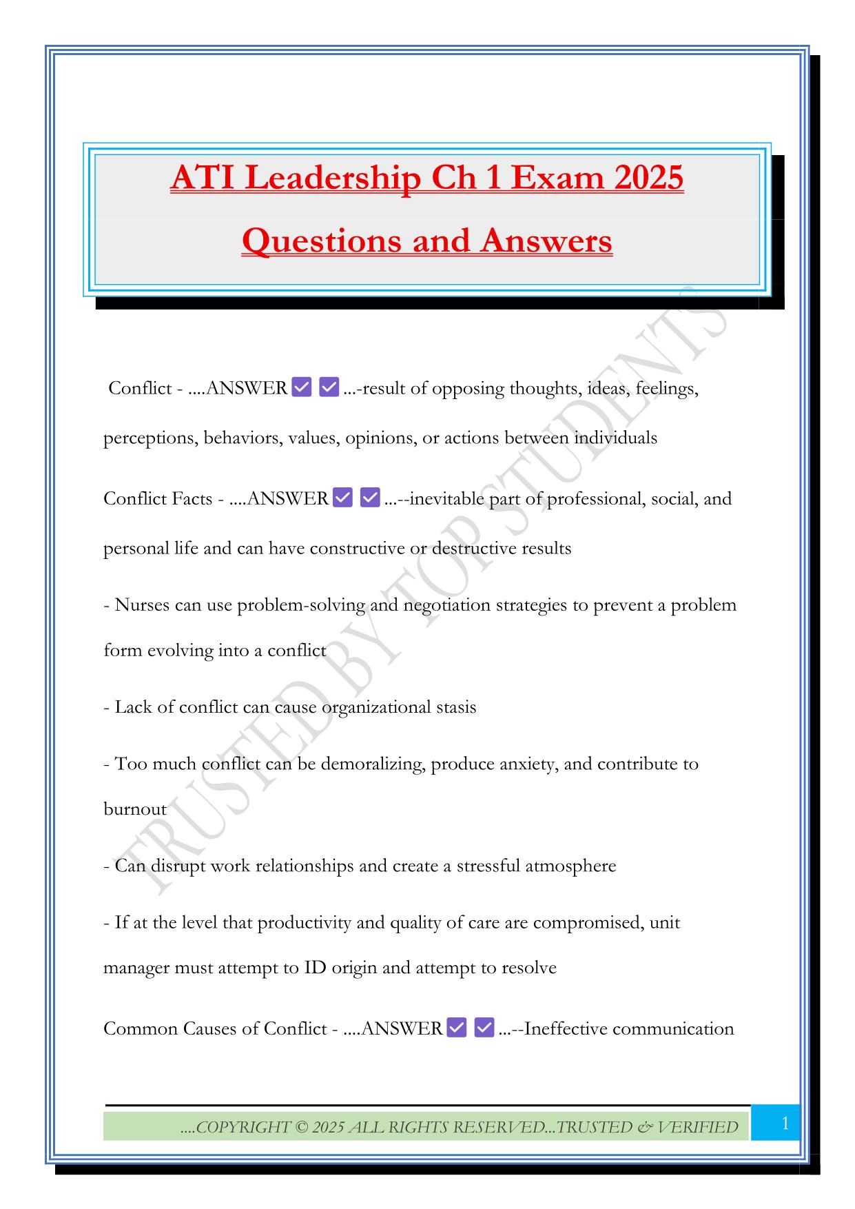 ATI Leadership Ch 1 Exam 2025 Questions and Answers