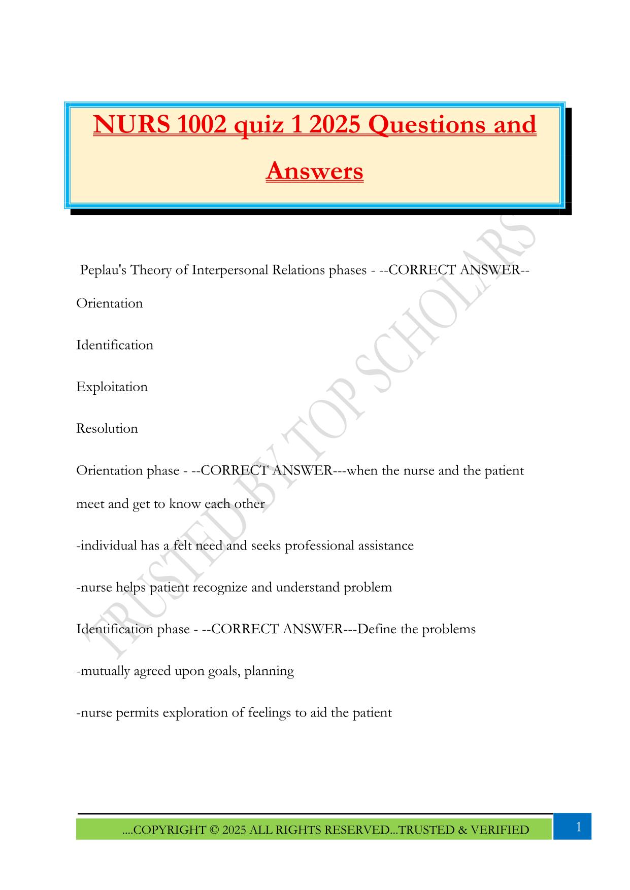 NURS 1002 quiz 1 2025 Questions and Answers
