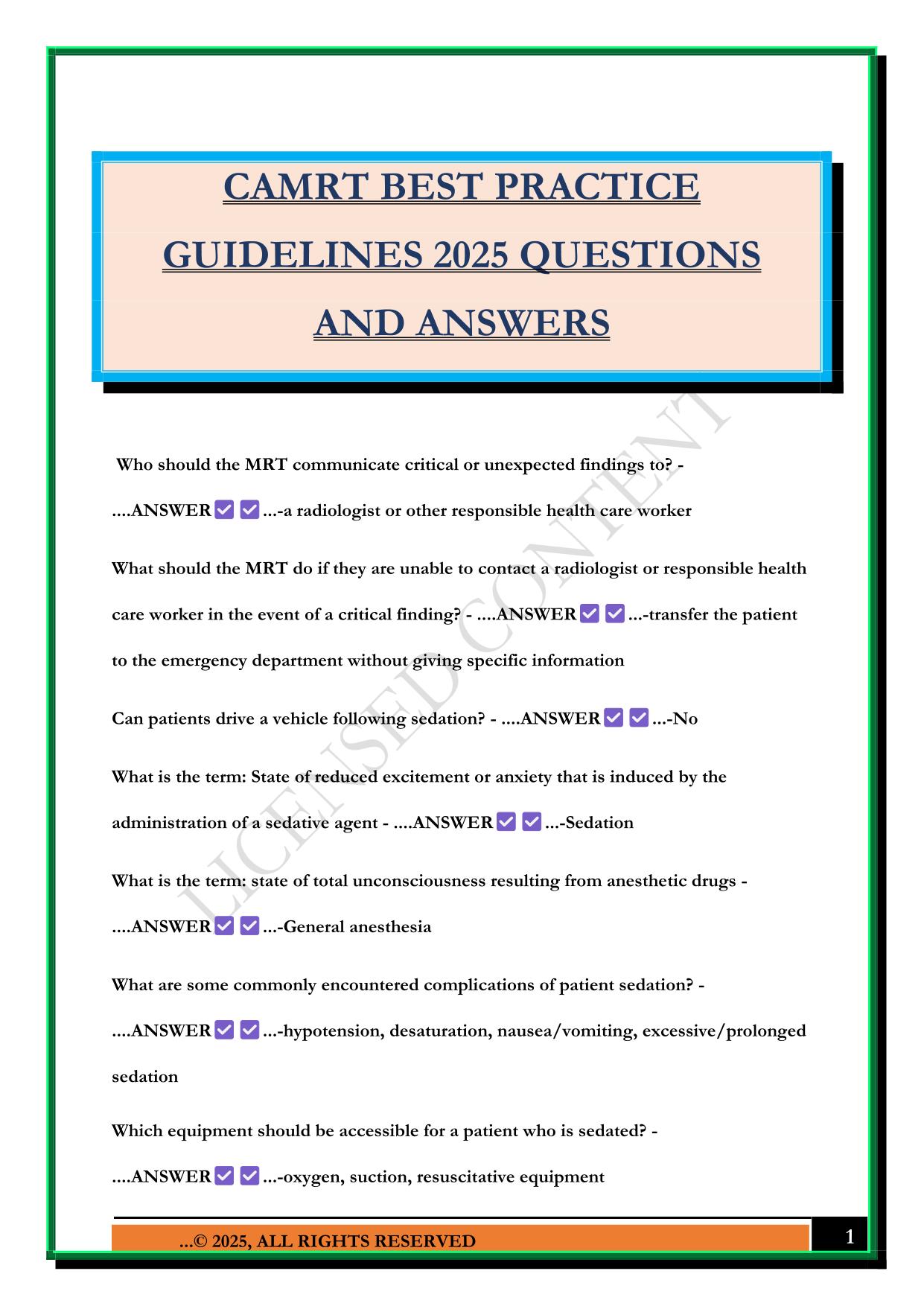 CAMRT BEST PRACTICE GUIDELINES 2025 QUESTIONS AND ANSWERS