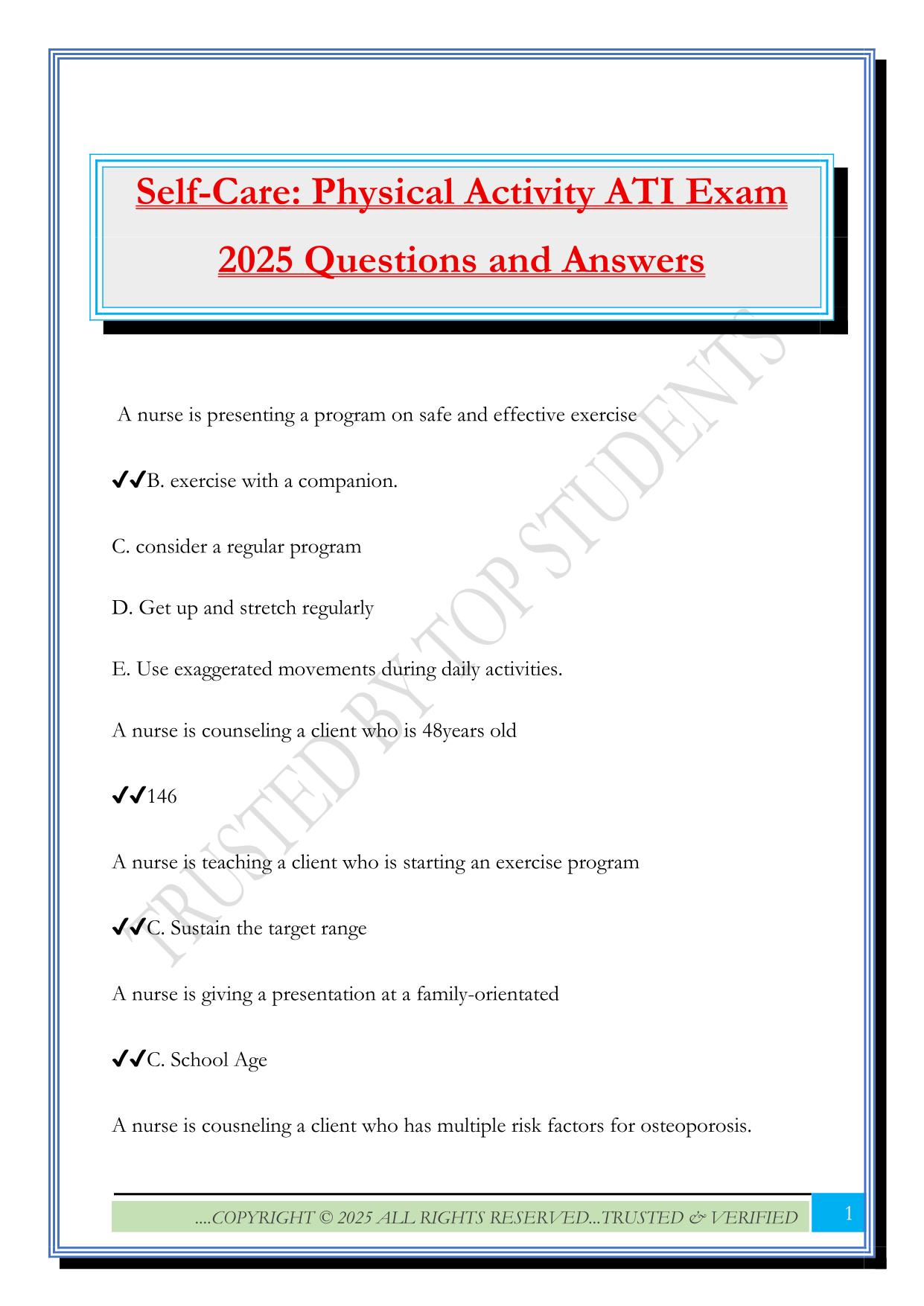 Self-Care: Physical Activity ATI Exam 2025 Questions and Answers