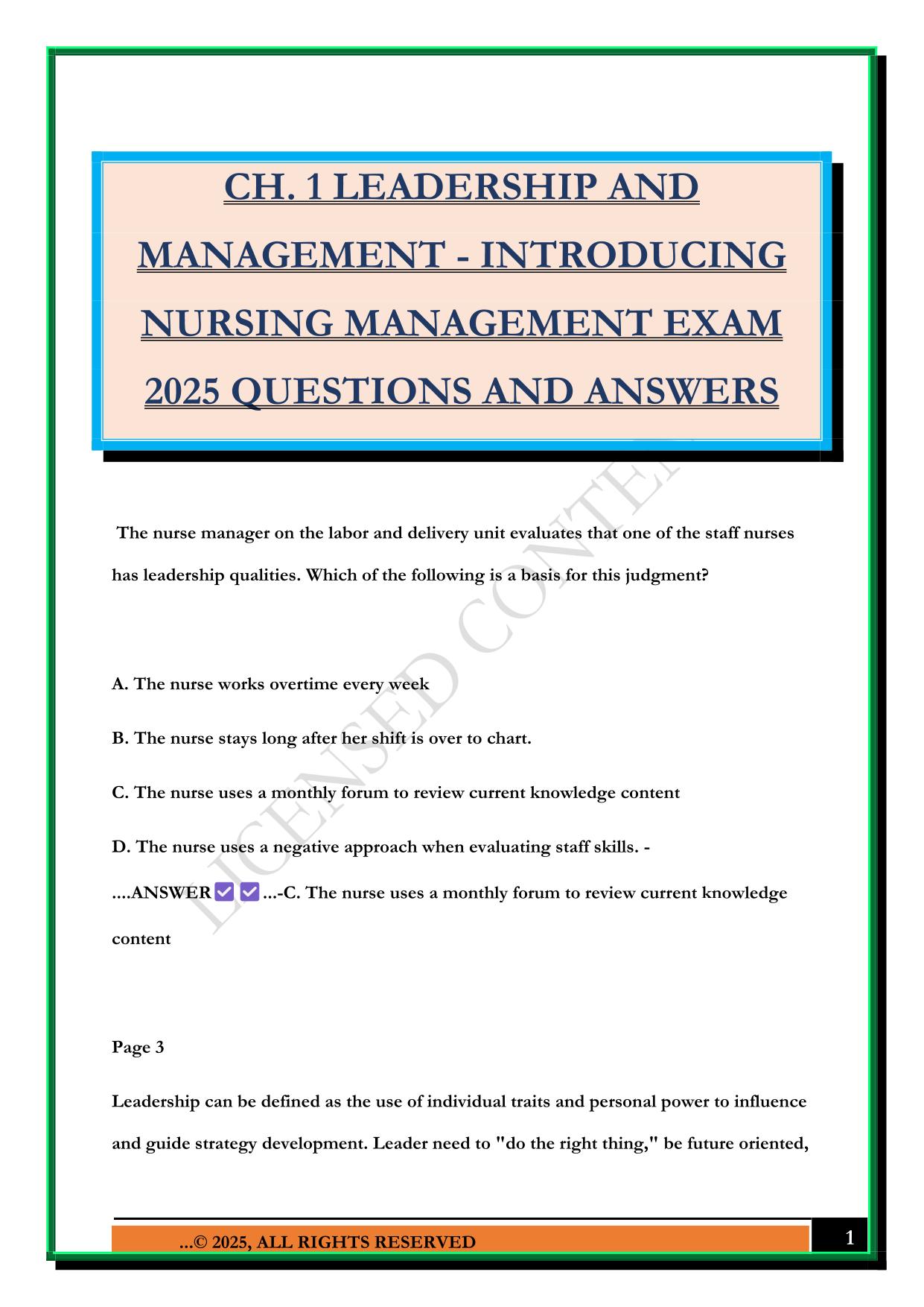 CH. 1 LEADERSHIP AND MANAGEMENT - INTRODUCING NURSING MANAGEMENT EXAM 2025 QUESTIONS AND ANSWERS