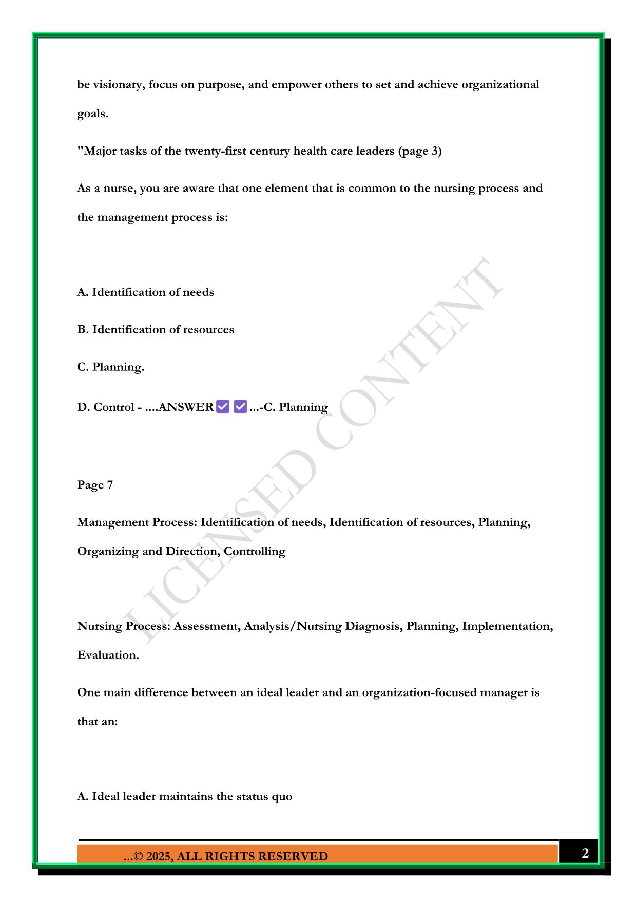CH. 1 LEADERSHIP AND MANAGEMENT - INTRODUCING NURSING MANAGEMENT EXAM 2025 QUESTIONS AND ANSWERS