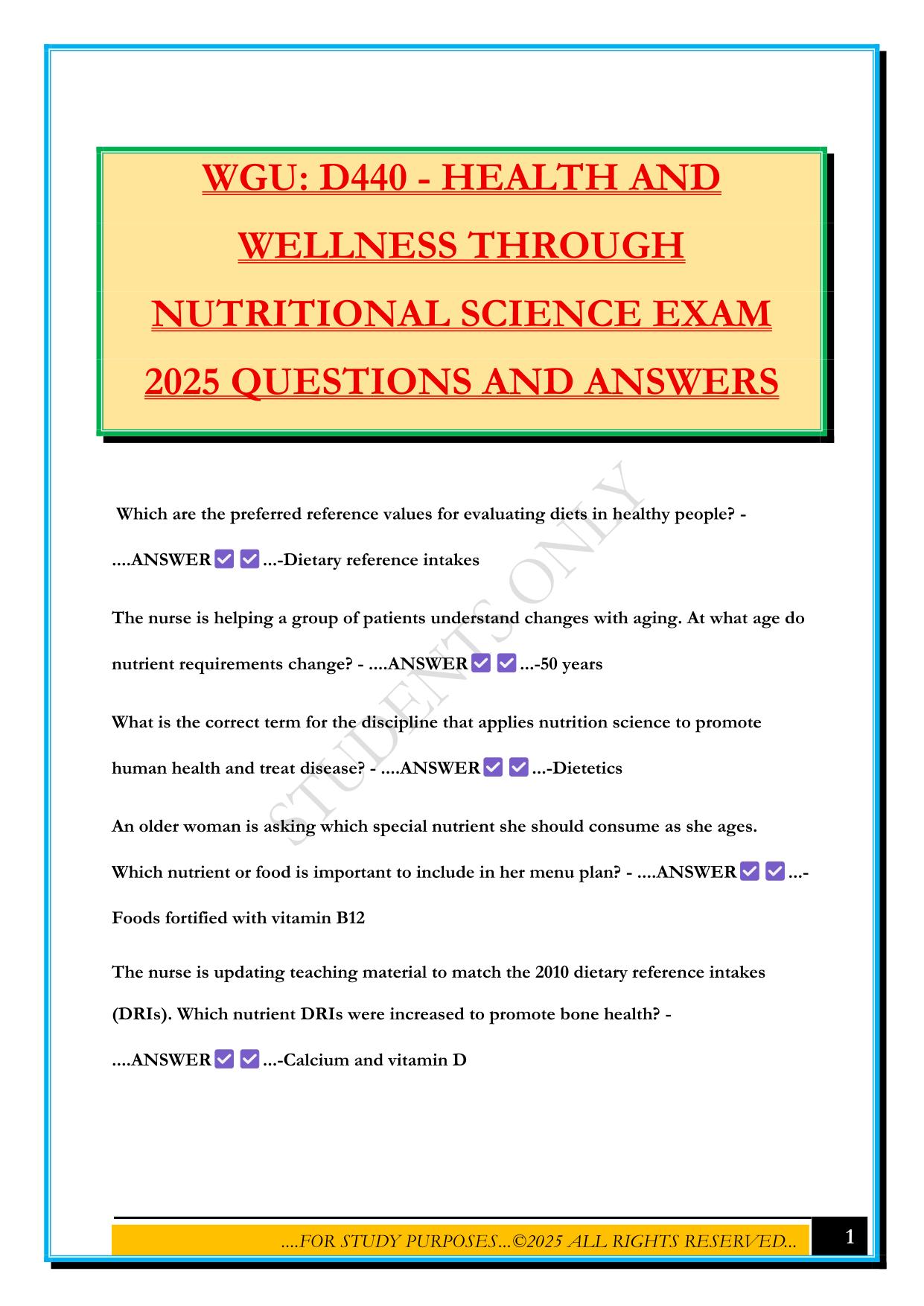 WGU: D440 - HEALTH AND WELLNESS THROUGH NUTRITIONAL SCIENCE EXAM 2025 QUESTIONS AND ANSWERS