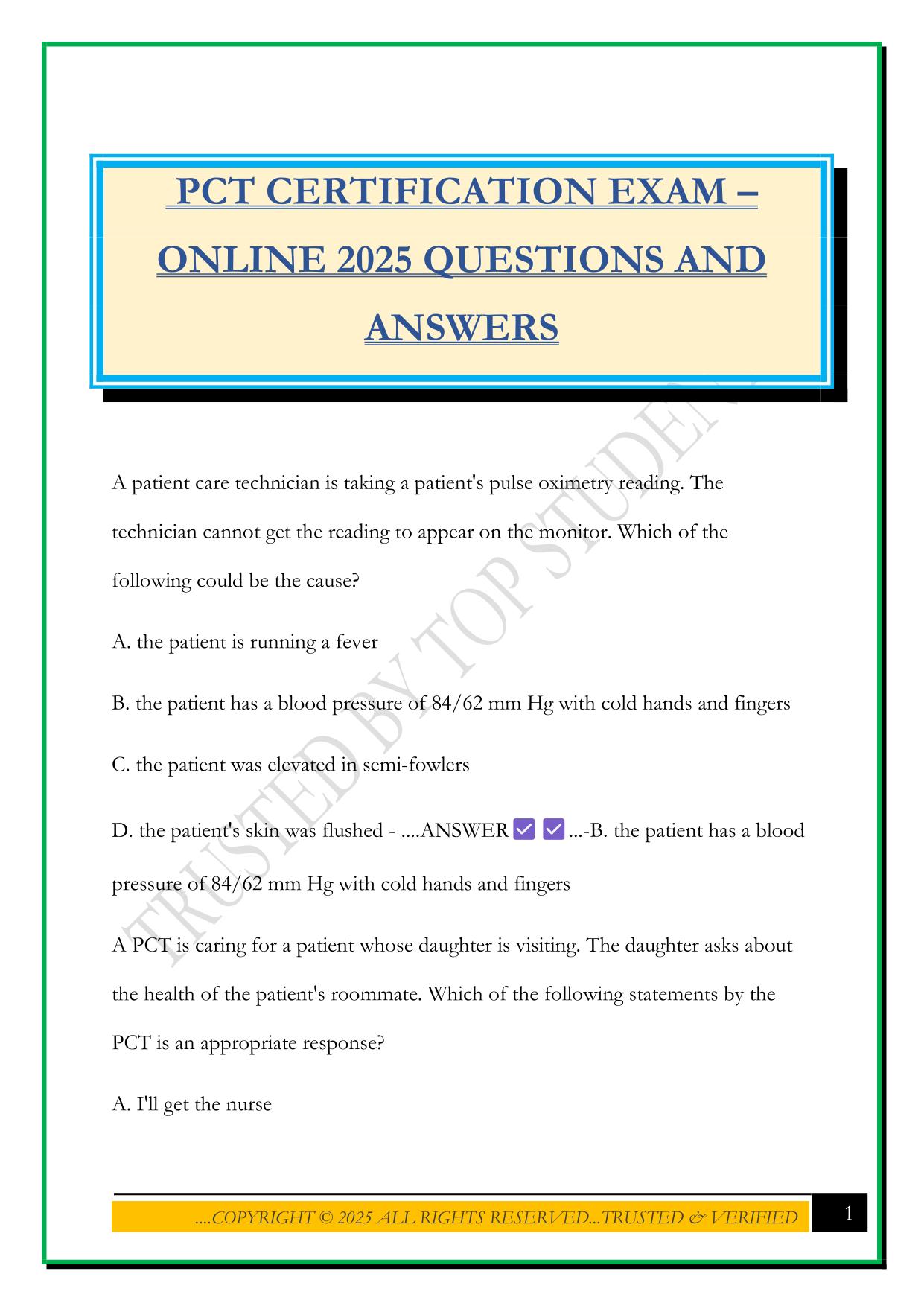 PCT CERTIFICATION EXAM – ONLINE 2025 QUESTIONS AND ANSWERS