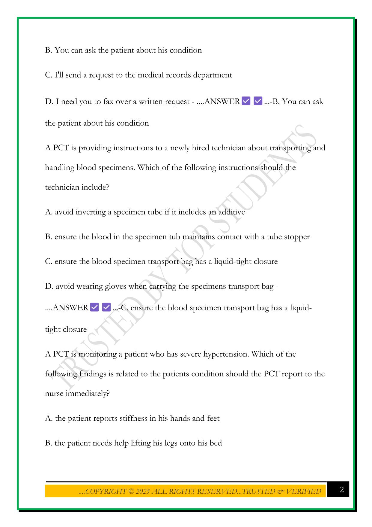 PCT CERTIFICATION EXAM – ONLINE 2025 QUESTIONS AND ANSWERS
