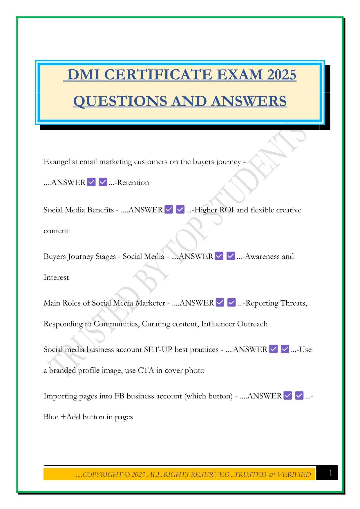 DMI CERTIFICATE EXAM 2025 QUESTIONS AND ANSWERS