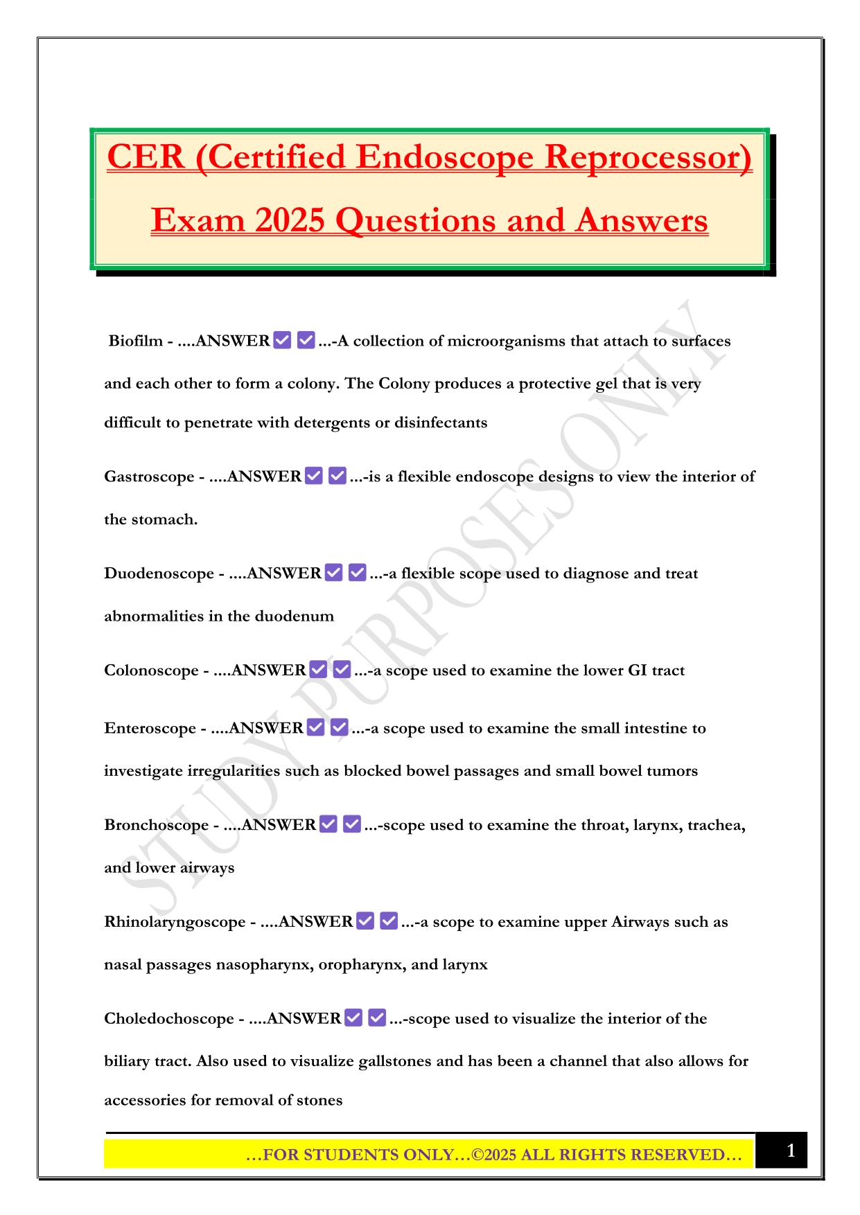 CER (Certified Endoscope Reprocessor) Exam 2025 Questions and Answers