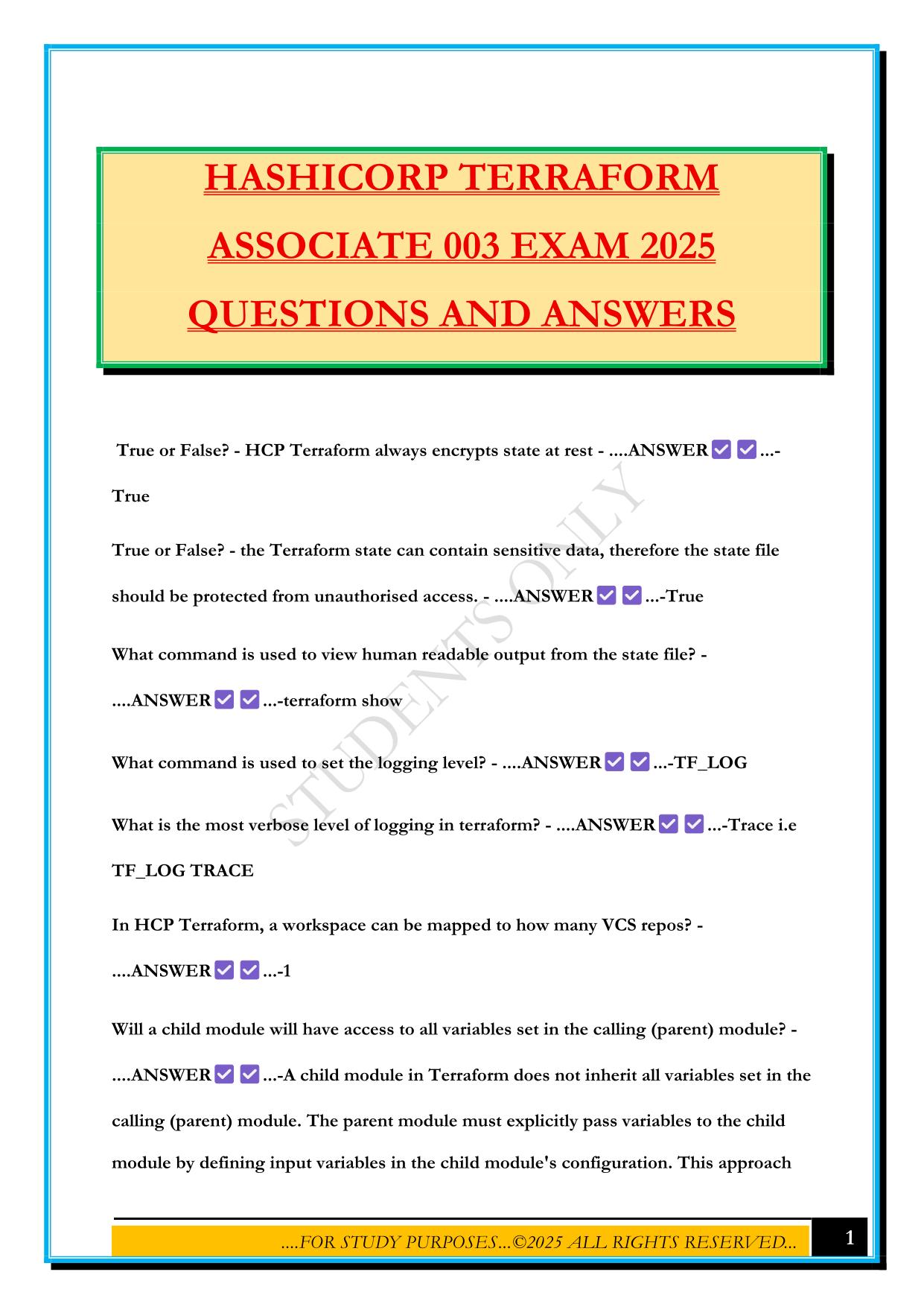 HASHICORP TERRAFORM ASSOCIATE 003 EXAM 2025 QUESTIONS AND ANSWERS