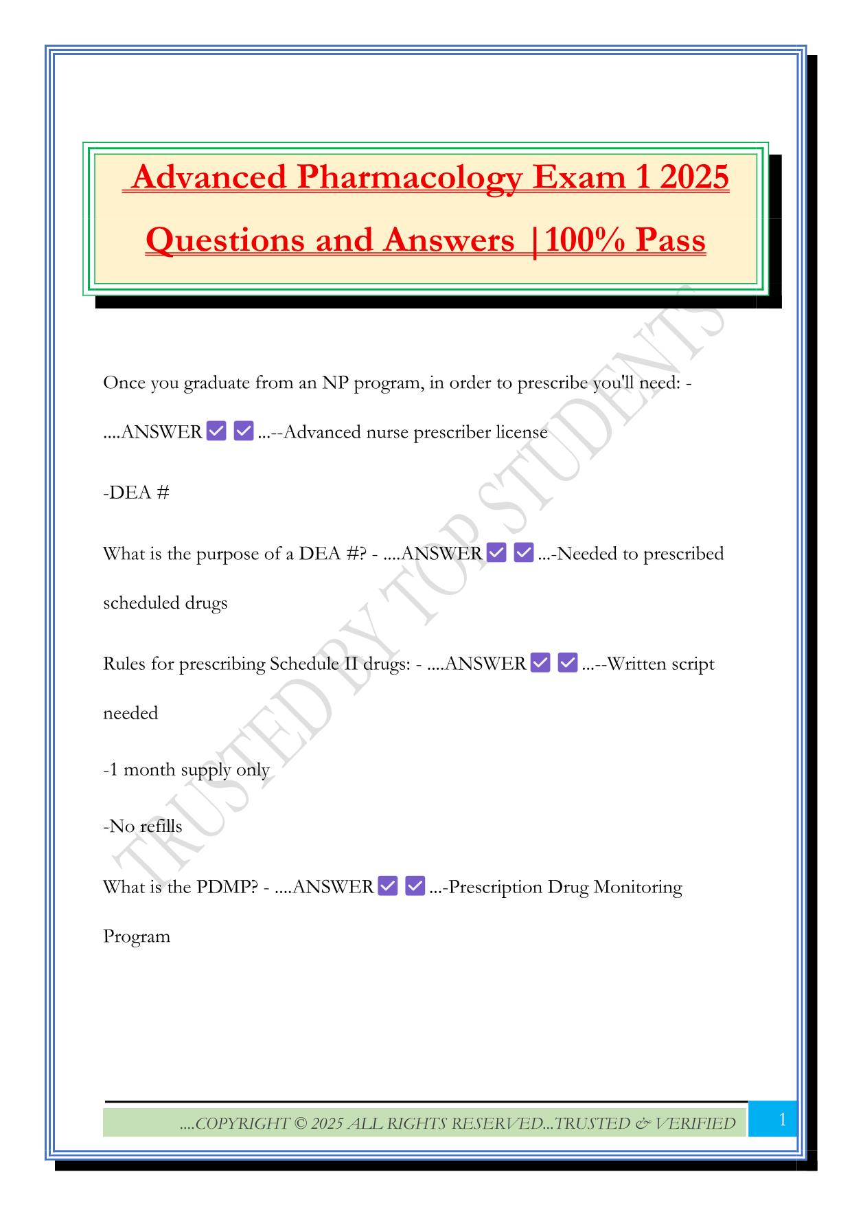 Advanced Pharmacology Exam 1 2025 Questions and Answers |100% Pass