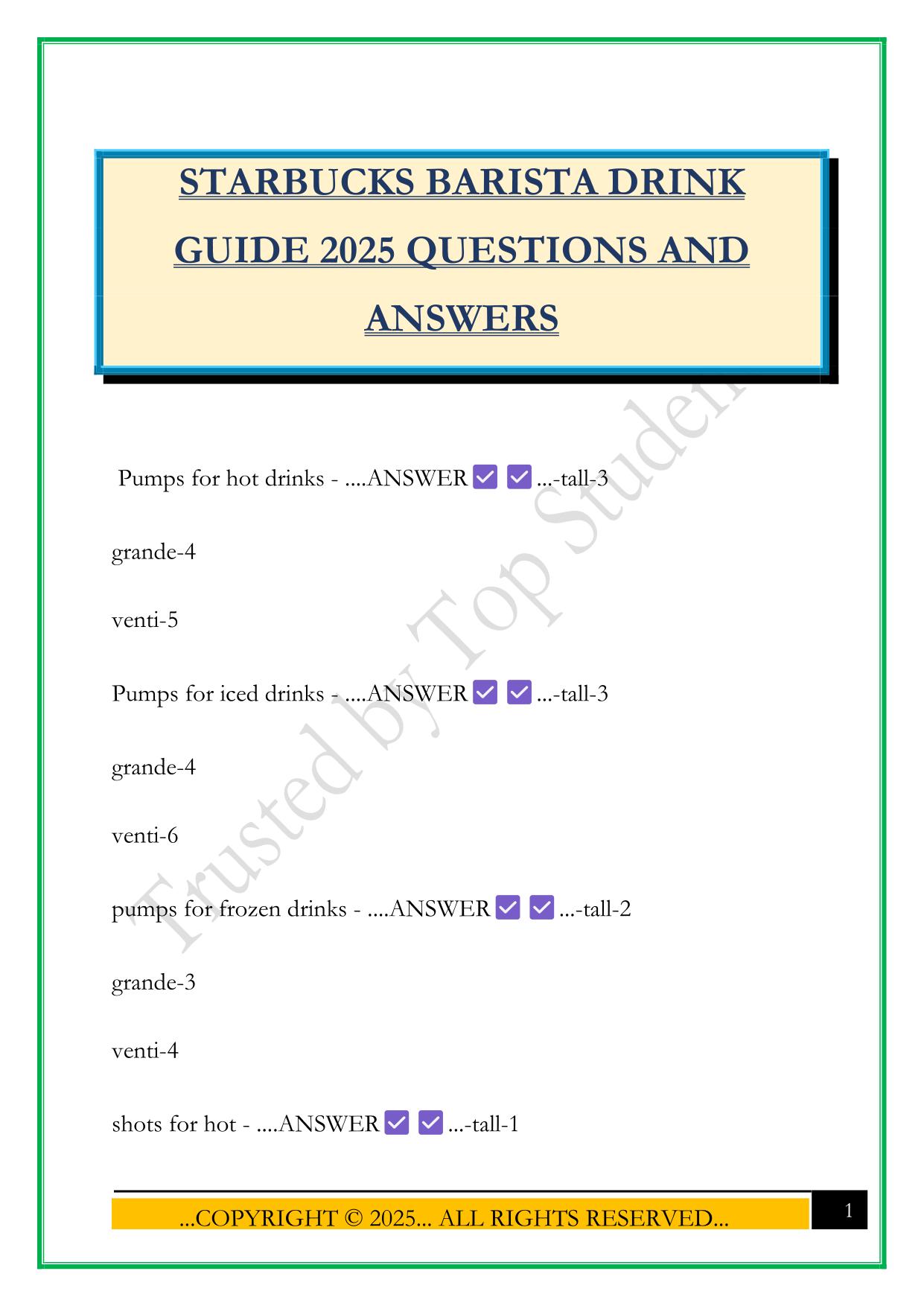 STARBUCKS BARISTA DRINK GUIDE 2025 QUESTIONS AND ANSWERS