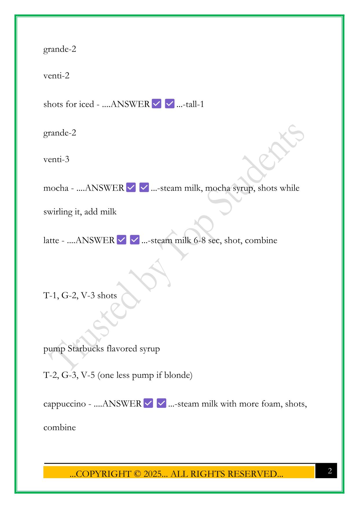 STARBUCKS BARISTA DRINK GUIDE 2025 QUESTIONS AND ANSWERS