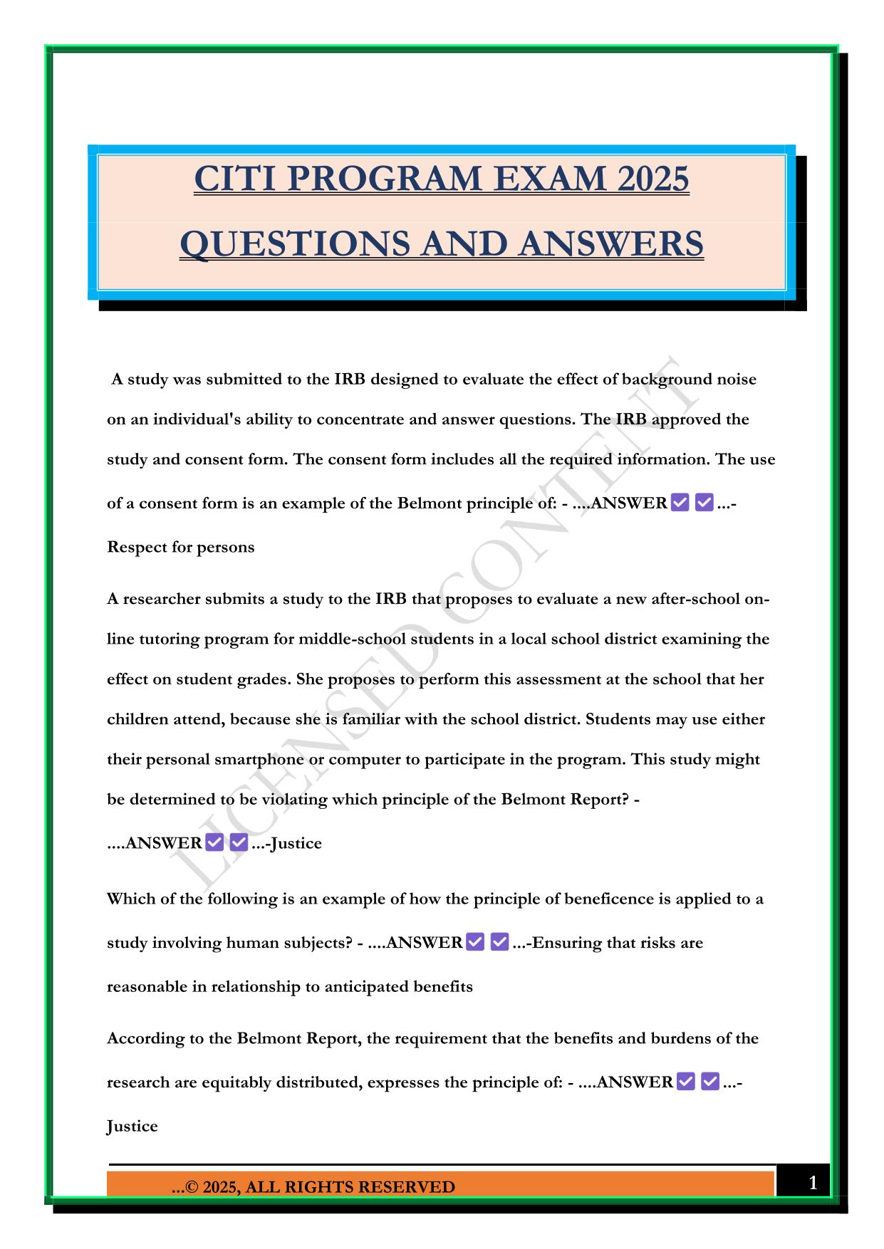 CITI PROGRAM EXAM 2025 QUESTIONS AND ANSWERS