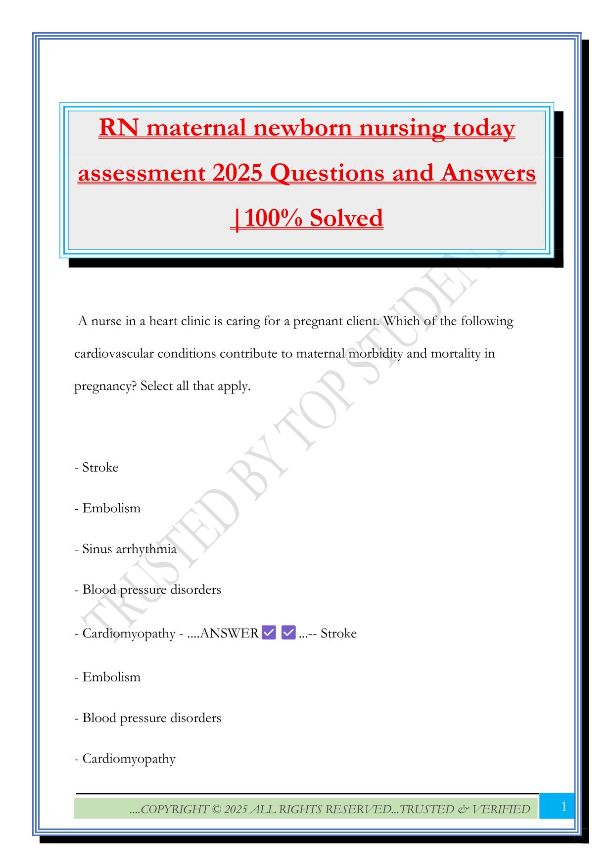 RN maternal newborn nursing today assessment 2025 Questions and Answers |100% Solved
