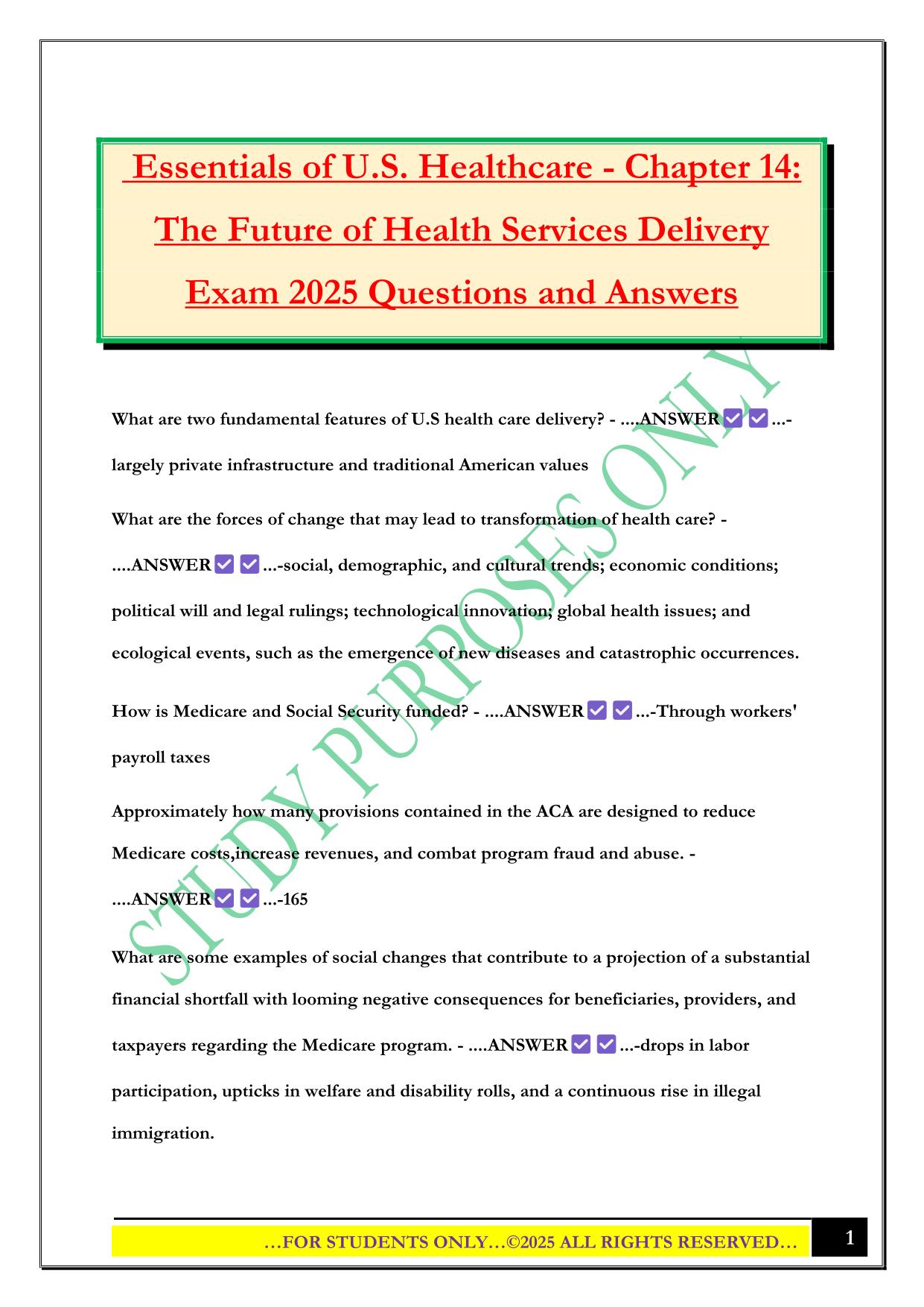 Essentials of U.S. Healthcare - Chapter 14: The Future of Health Services Delivery Exam 2025 Questions and Answers