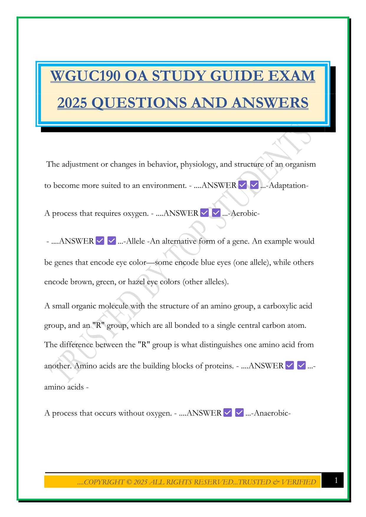 WGUC190 OA STUDY GUIDE EXAM 2025 QUESTIONS AND ANSWERS