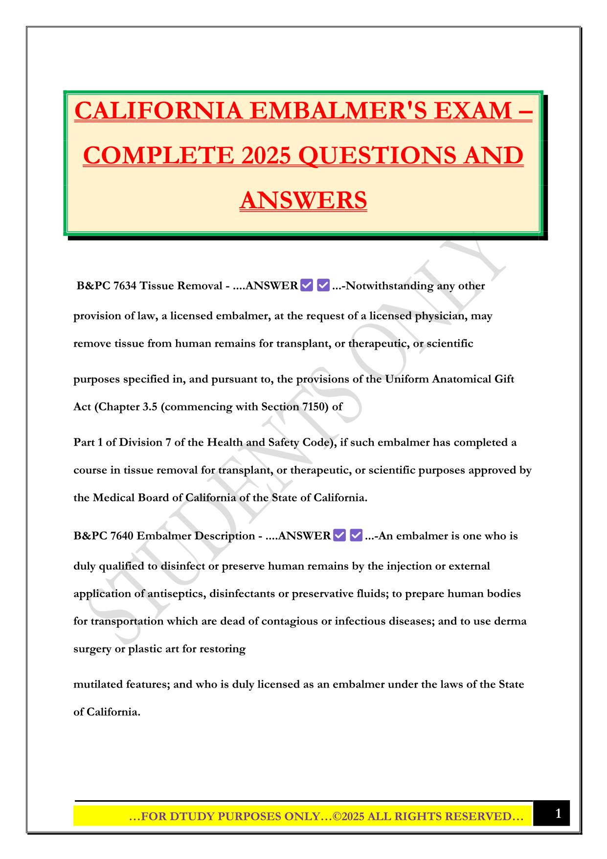 CALIFORNIA EMBALMER'S EXAM – COMPLETE 2025 QUESTIONS AND ANSWERS