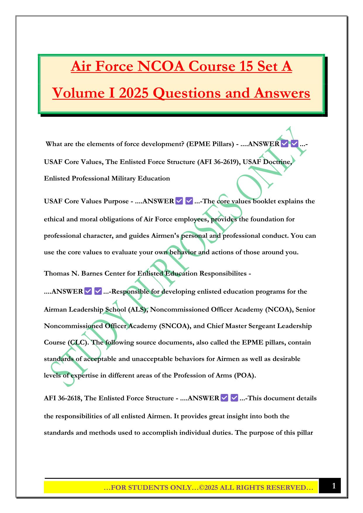 Air Force NCOA Course 15 Set A Volume I 2025 Questions and Answers