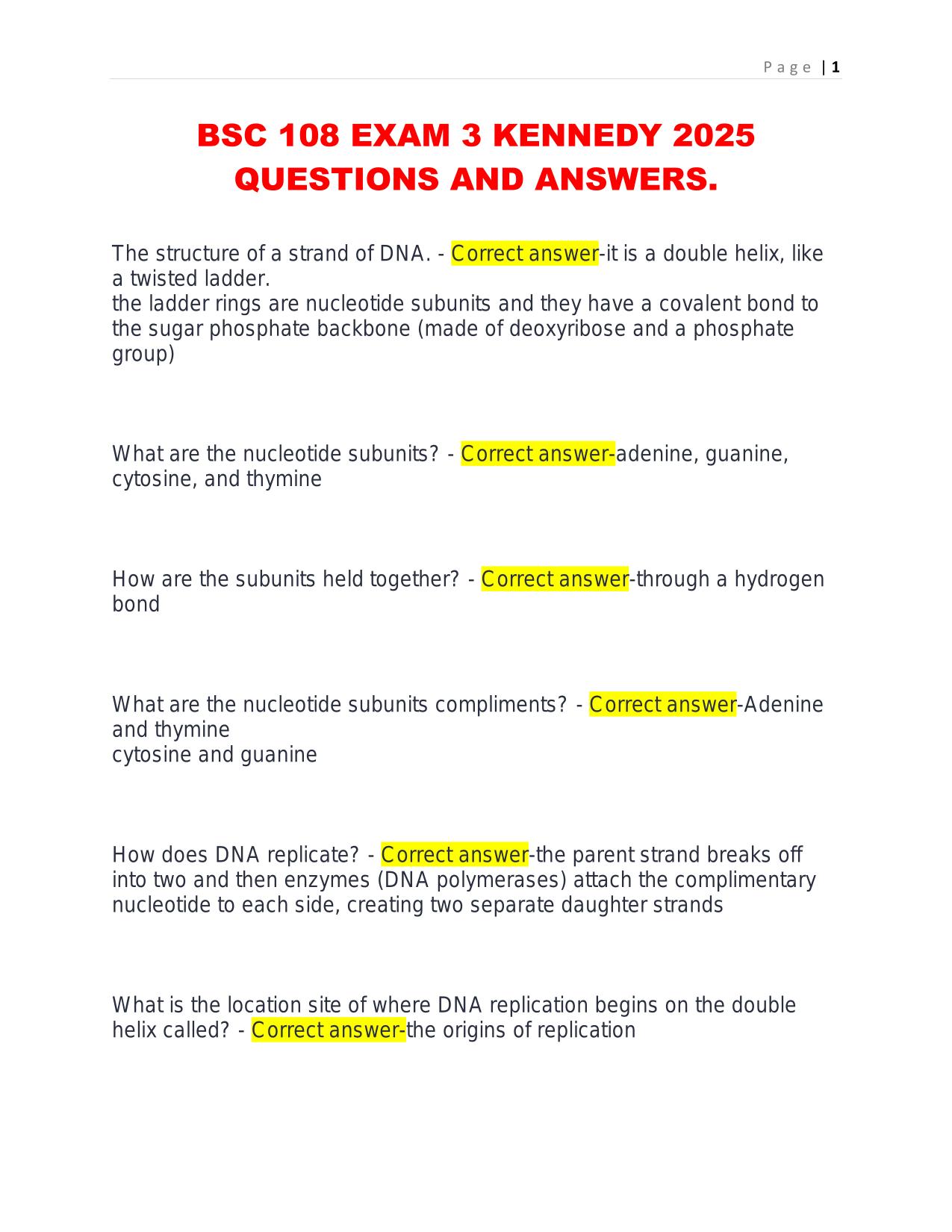 BSC 108 EXAM 3 KENNEDY 2025 QUESTIONS AND ANSWERS.