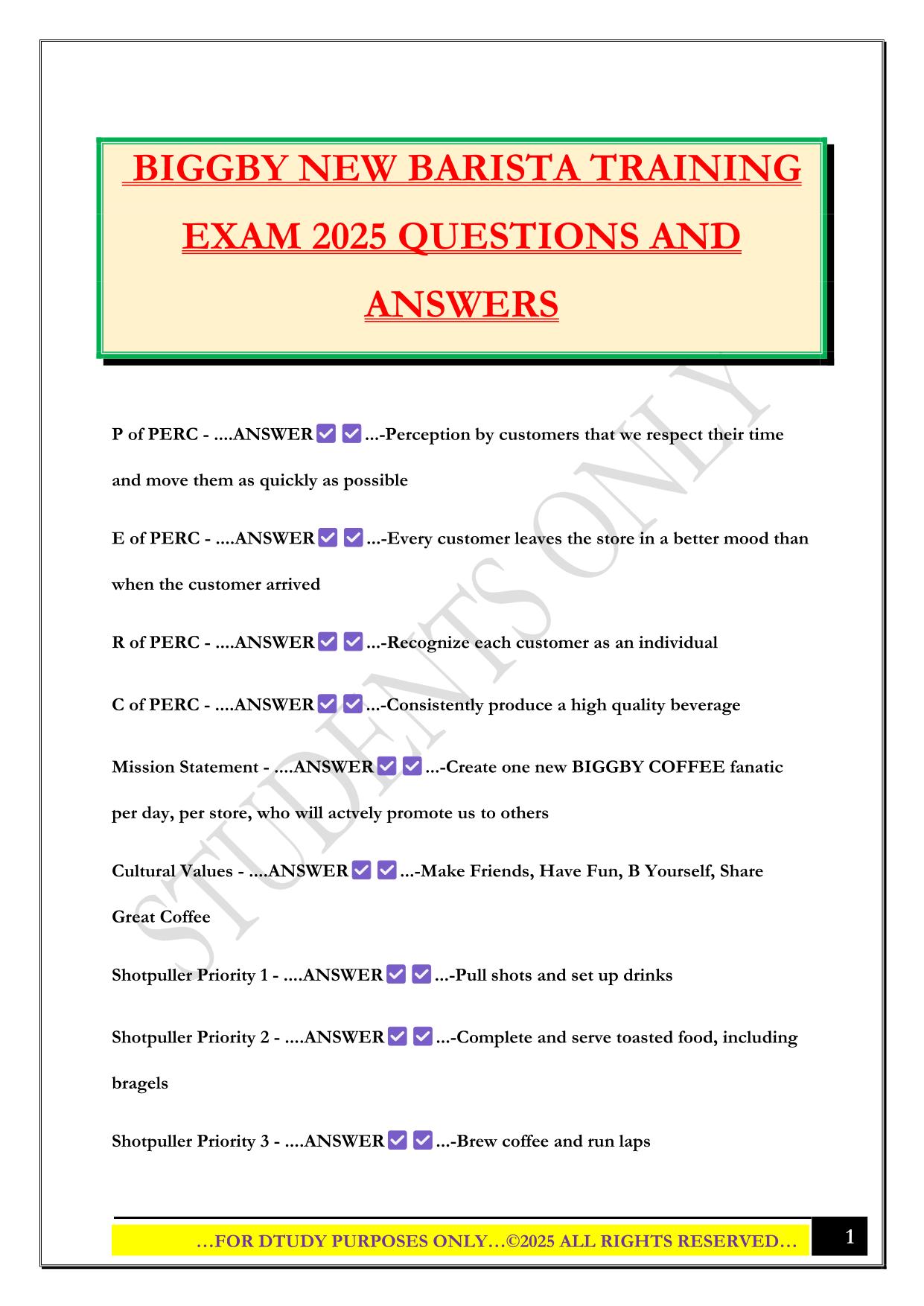 BIGGBY NEW BARISTA TRAINING EXAM 2025 QUESTIONS AND ANSWERS