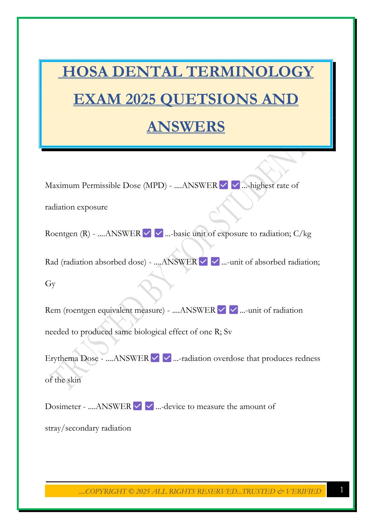 HOSA DENTAL TERMINOLOGY EXAM 2025 QUETSIONS AND ANSWERS
