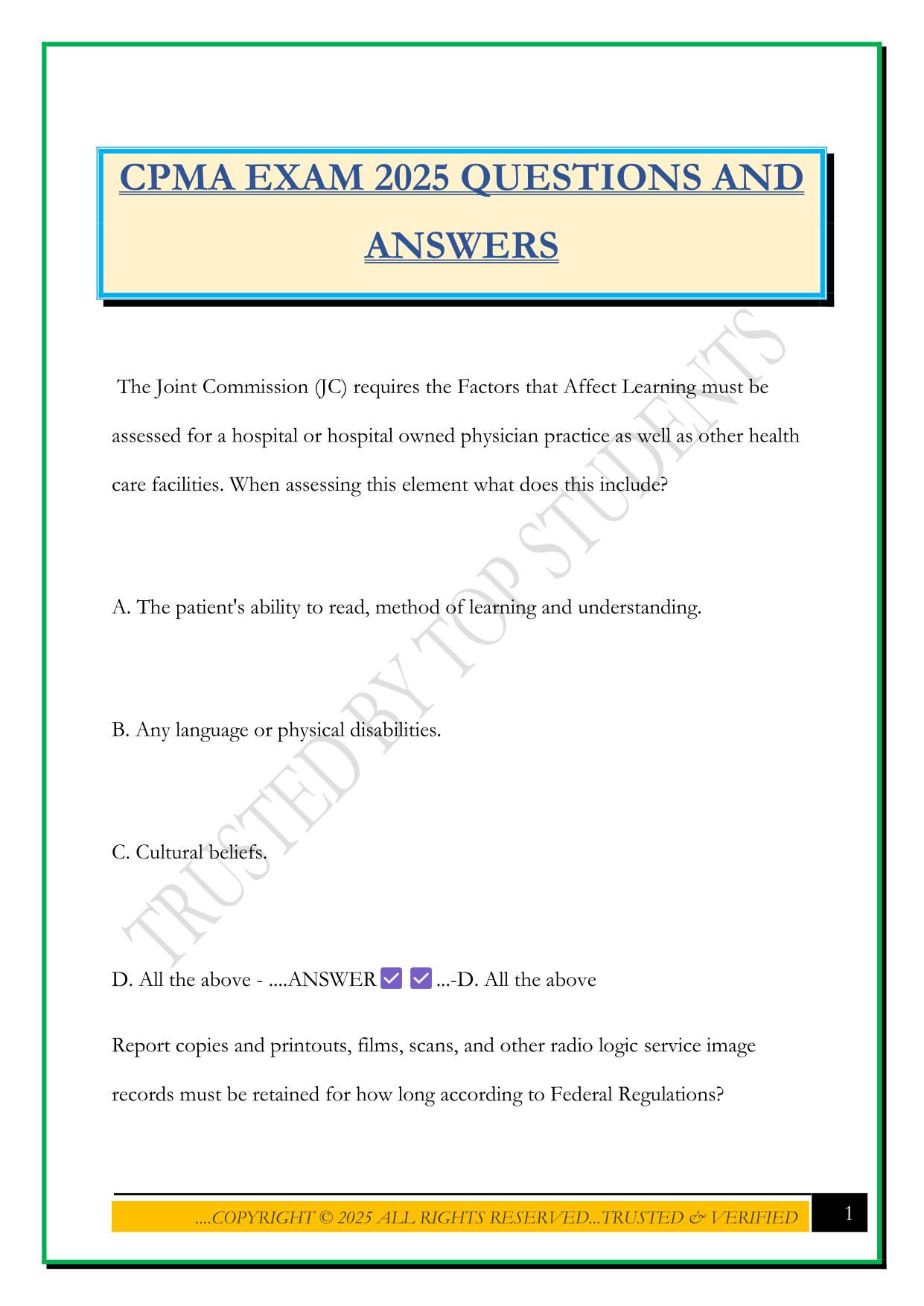 CPMA EXAM 2025 QUESTIONS AND ANSWERS
