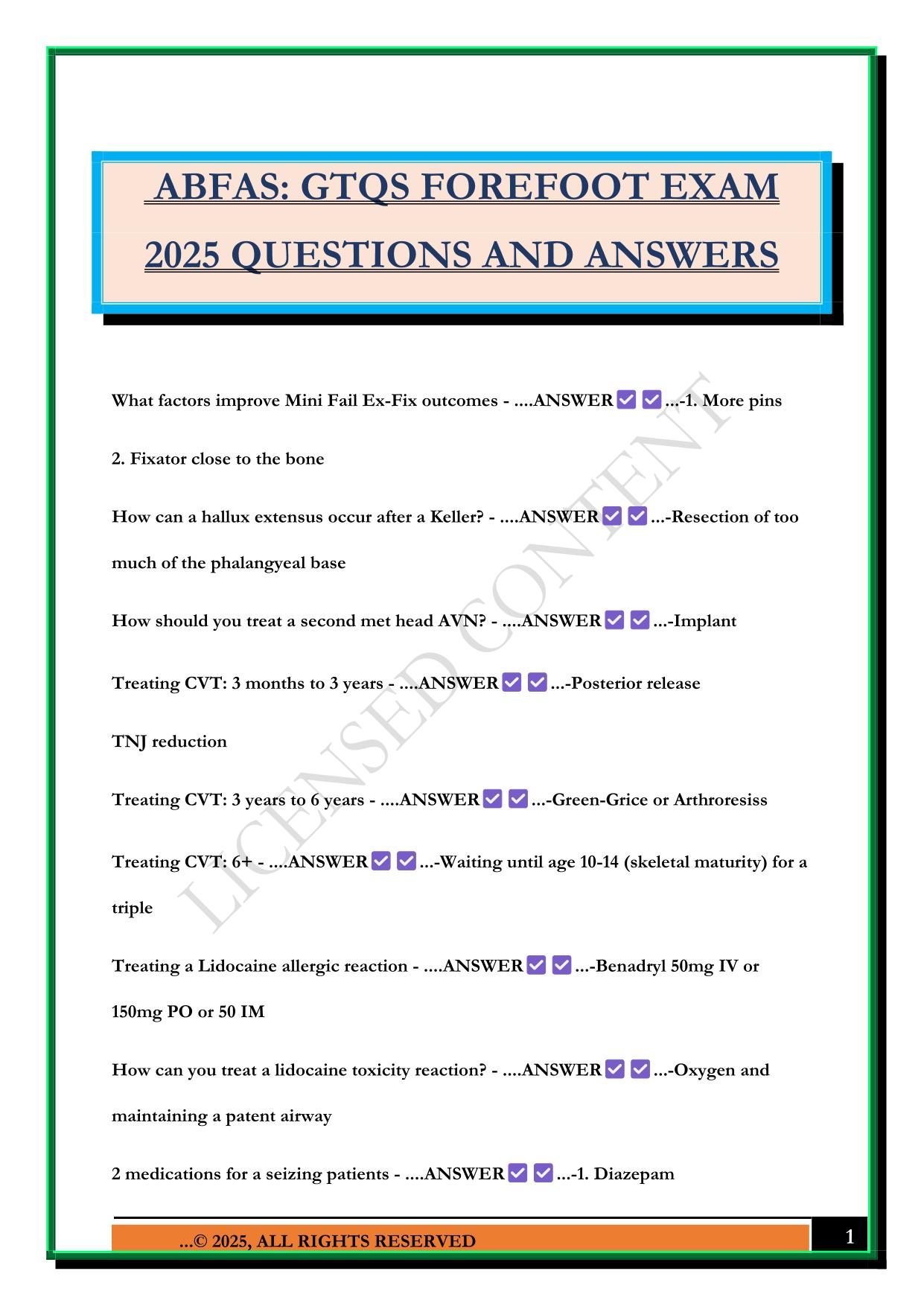 ABFAS: GTQS FOREFOOT EXAM 2025 QUESTIONS AND ANSWERS