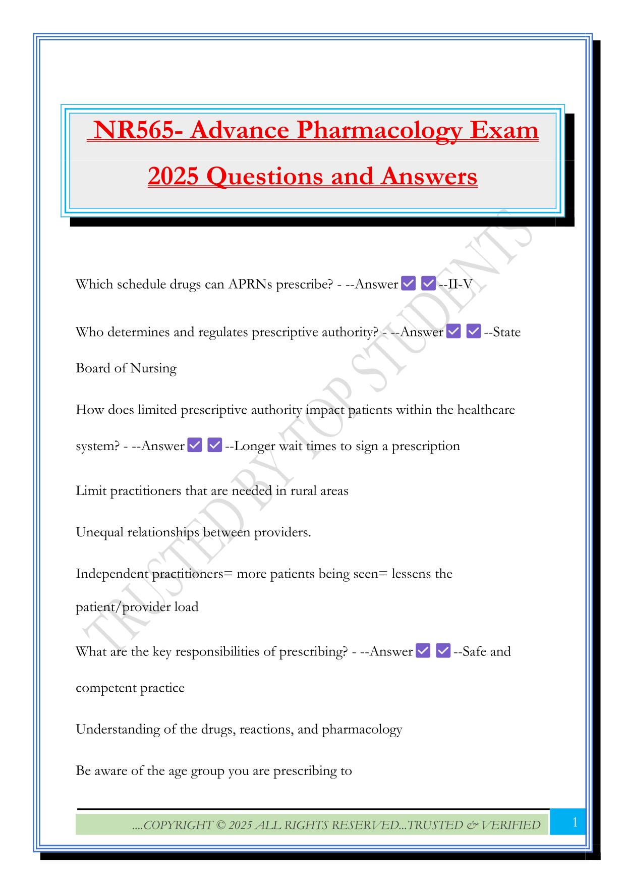 NR565- Advance Pharmacology Exam 2025 Questions and Answers