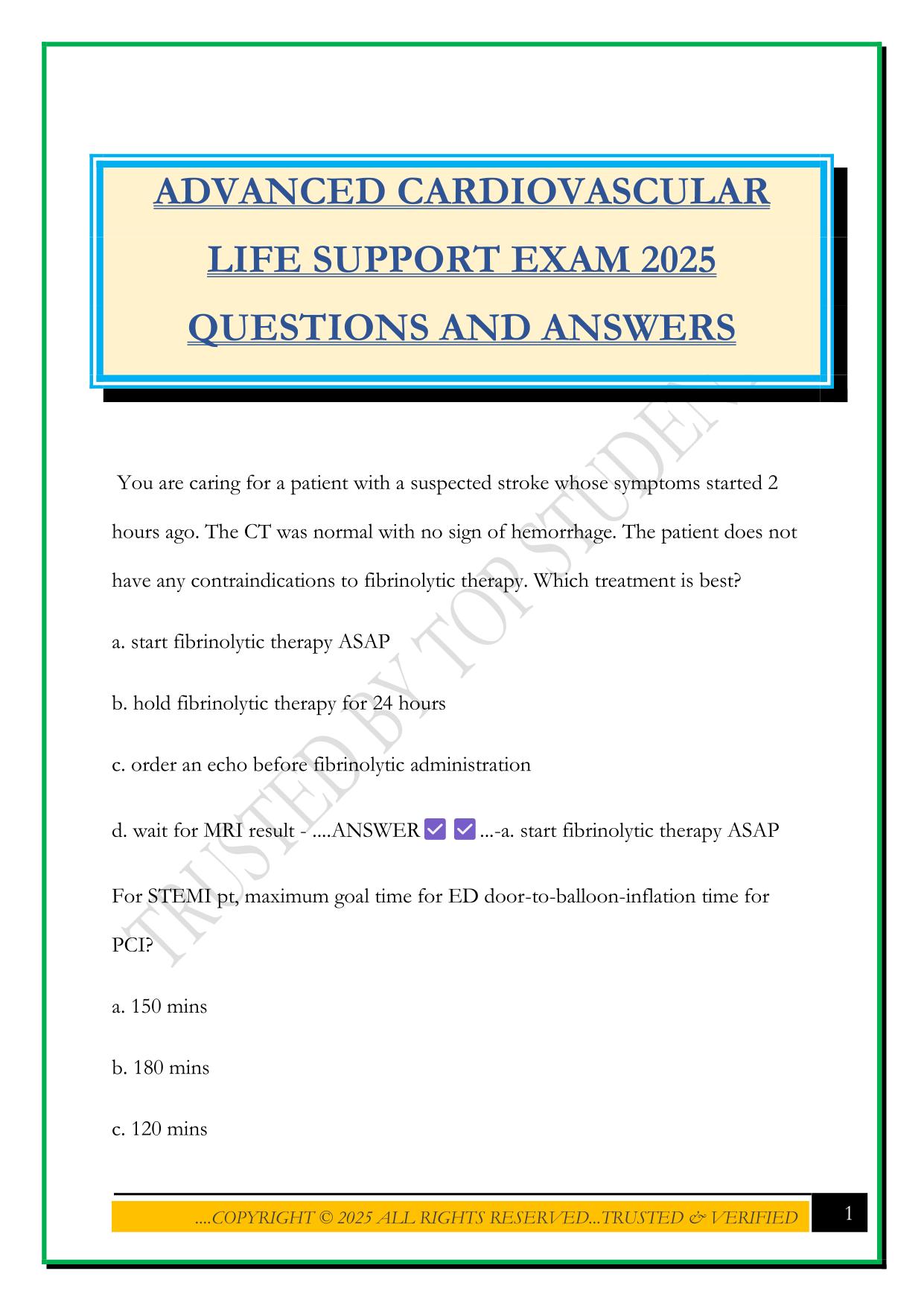 ADVANCED CARDIOVASCULAR LIFE SUPPORT EXAM 2025 QUESTIONS AND ANSWERS