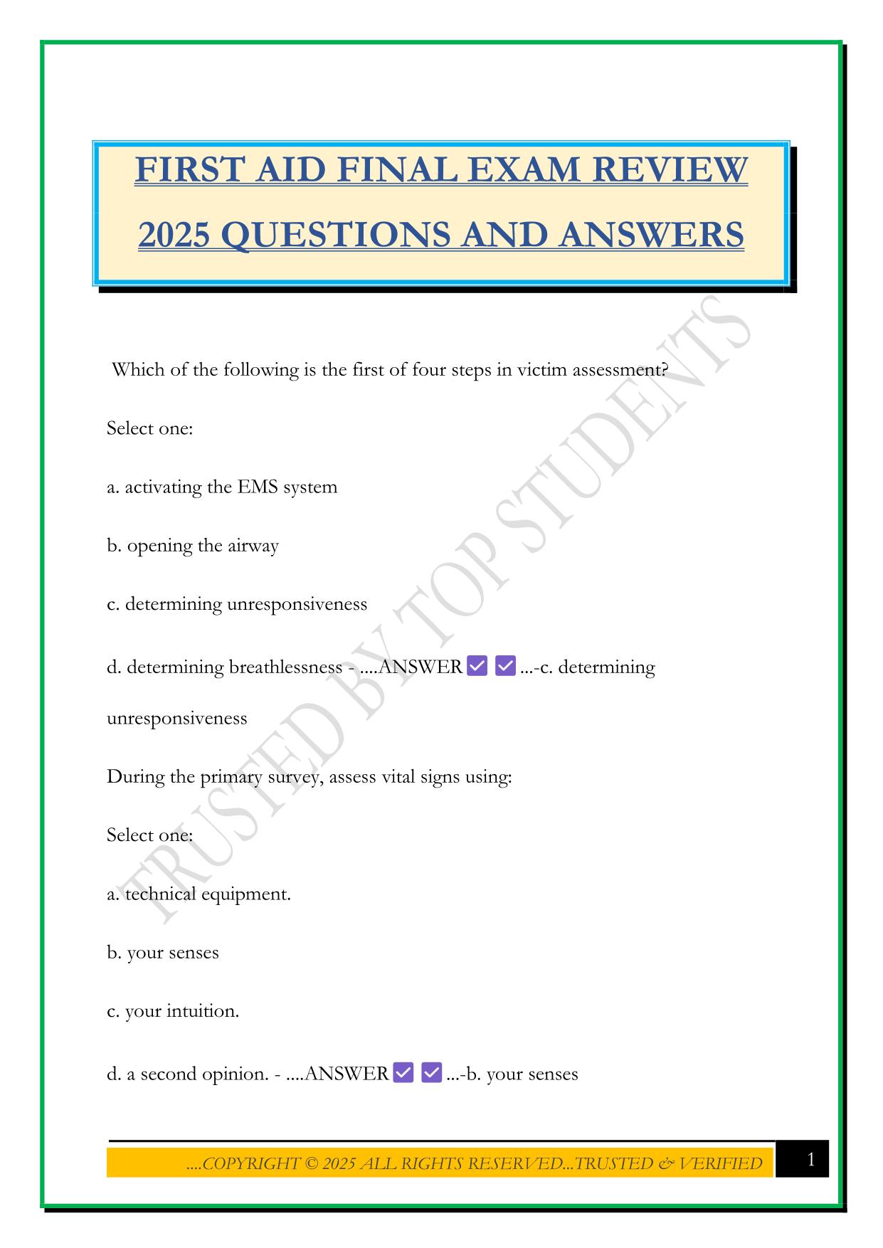 FIRST AID FINAL EXAM REVIEW 2025 QUESTIONS AND ANSWERS