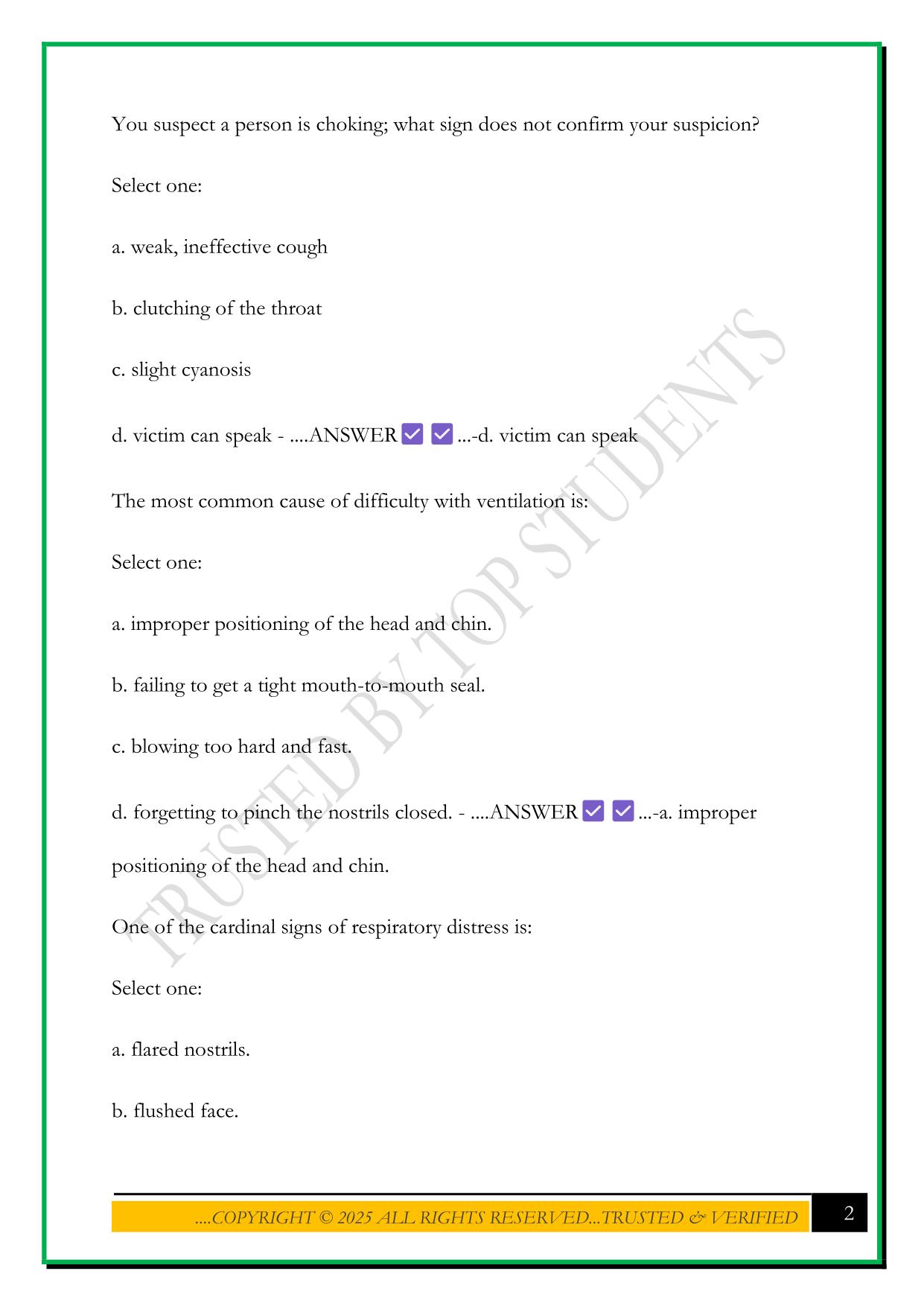 FIRST AID FINAL EXAM REVIEW 2025 QUESTIONS AND ANSWERS