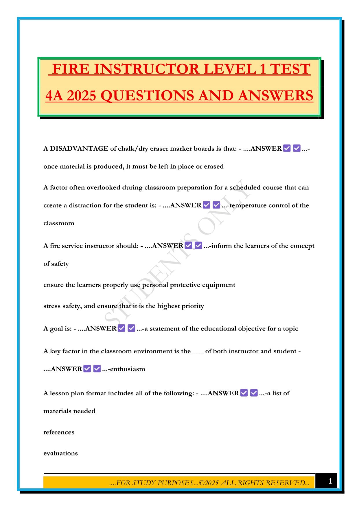 FIRE INSTRUCTOR LEVEL 1 TEST 4A 2025 QUESTIONS AND ANSWERS