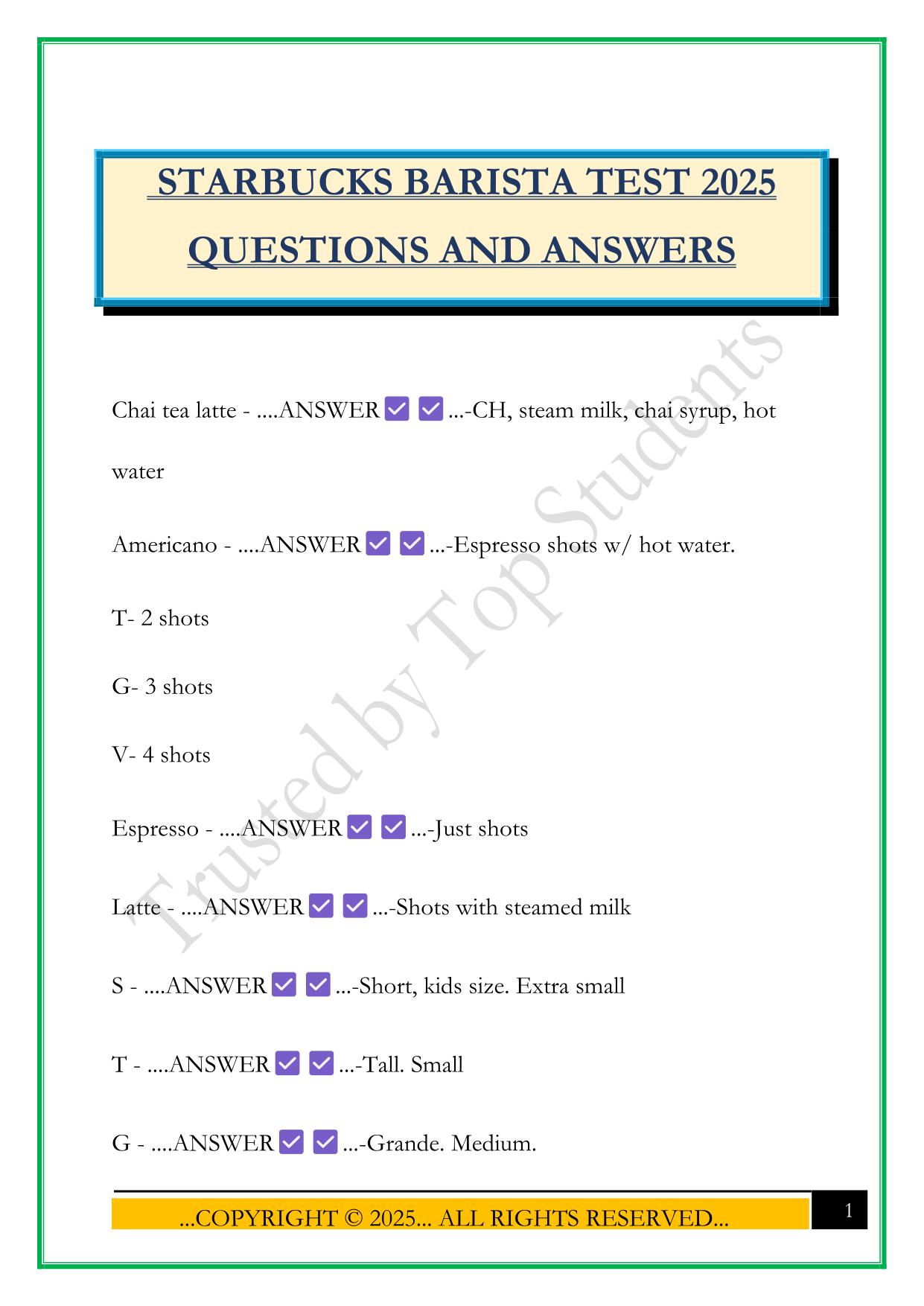 STARBUCKS BARISTA TEST 2025 QUESTIONS AND ANSWERS