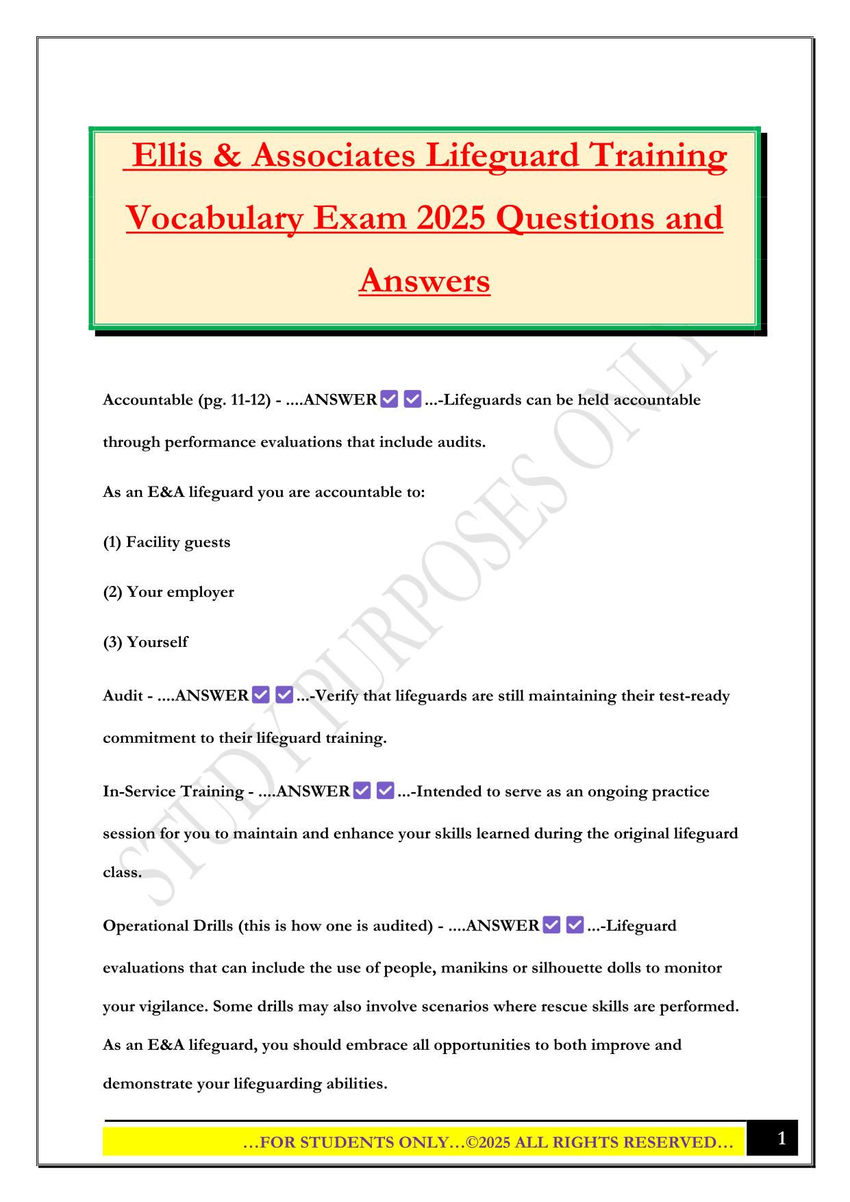 Ellis & Associates Lifeguard Training Vocabulary Exam 2025 Questions and Answers