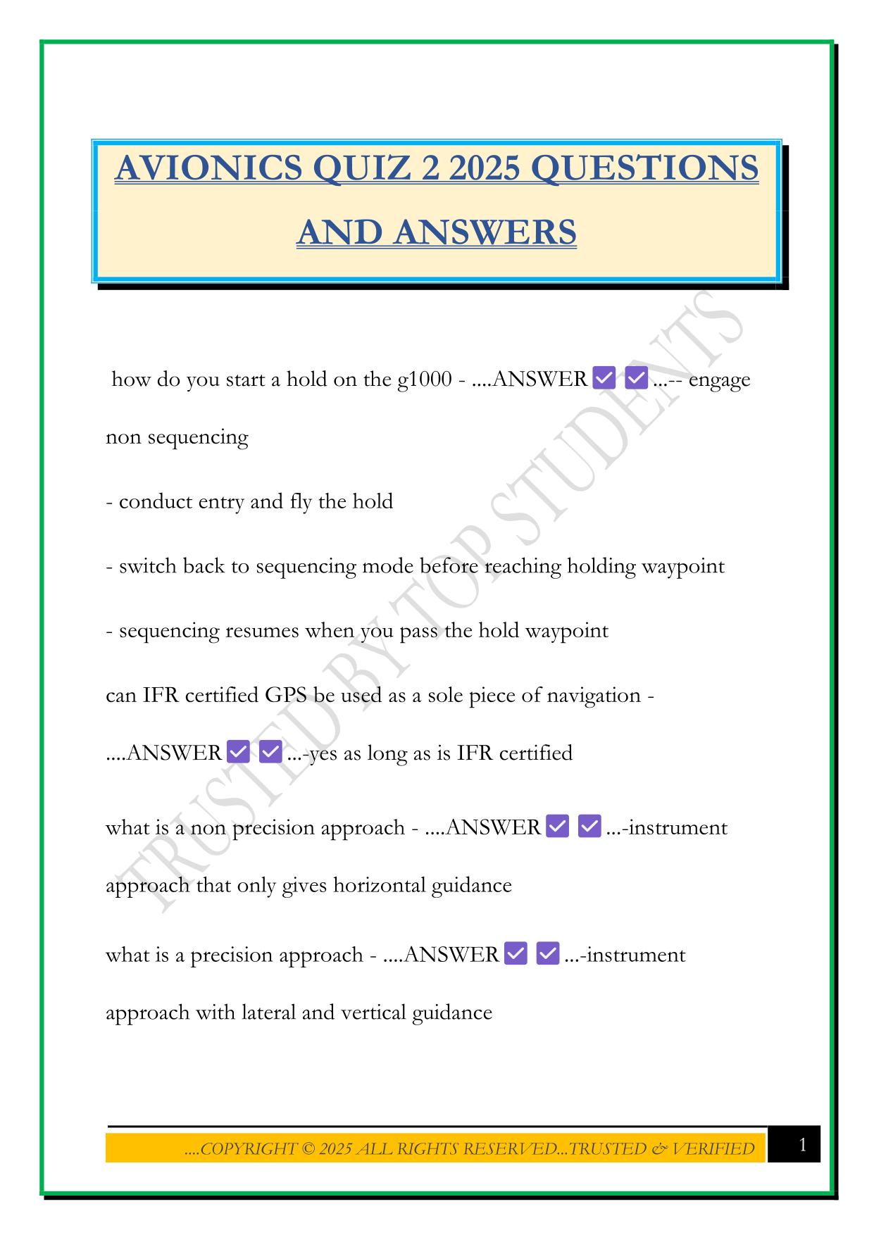 AVIONICS QUIZ 2 2025 QUESTIONS AND ANSWERS