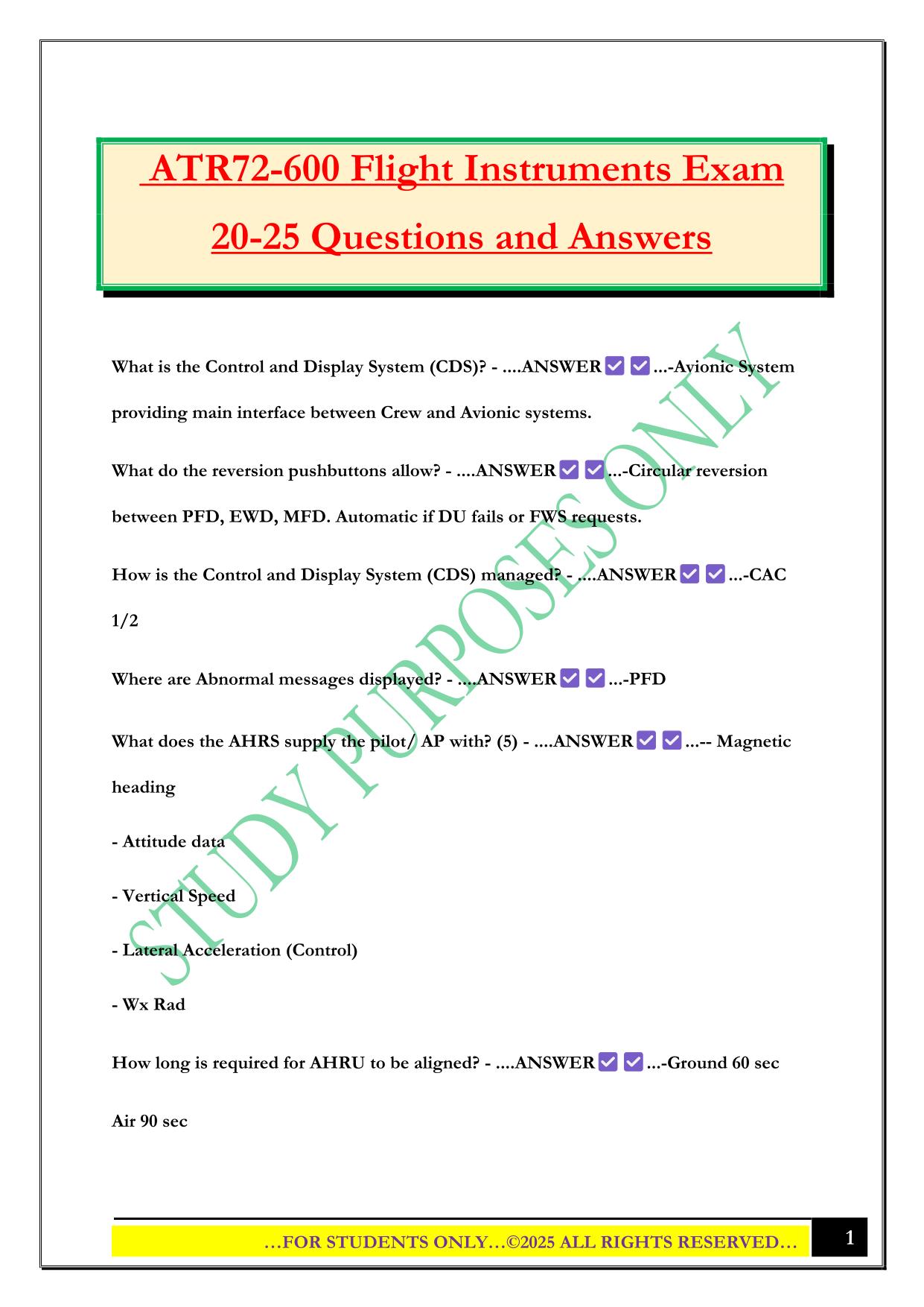 ATR72-600 Flight Instruments Exam 20-25 Questions and Answers