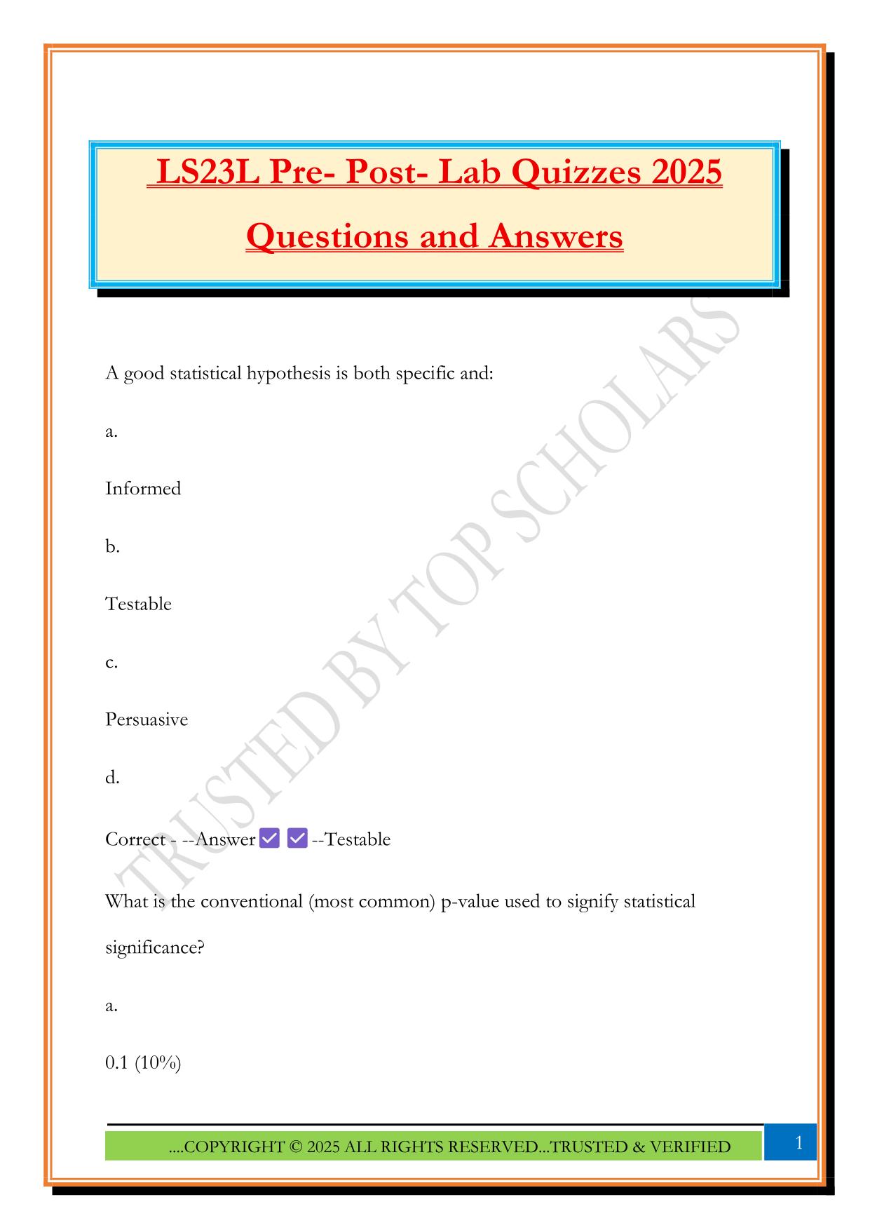LS23L Pre- Post- Lab Quizzes 2025 Questions and Answers