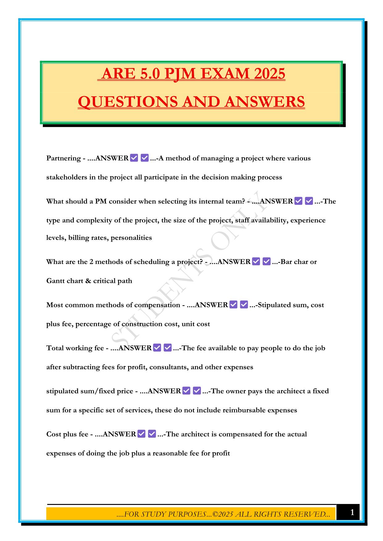 ARE 5.0 PJM EXAM 2025 QUESTIONS AND ANSWERS