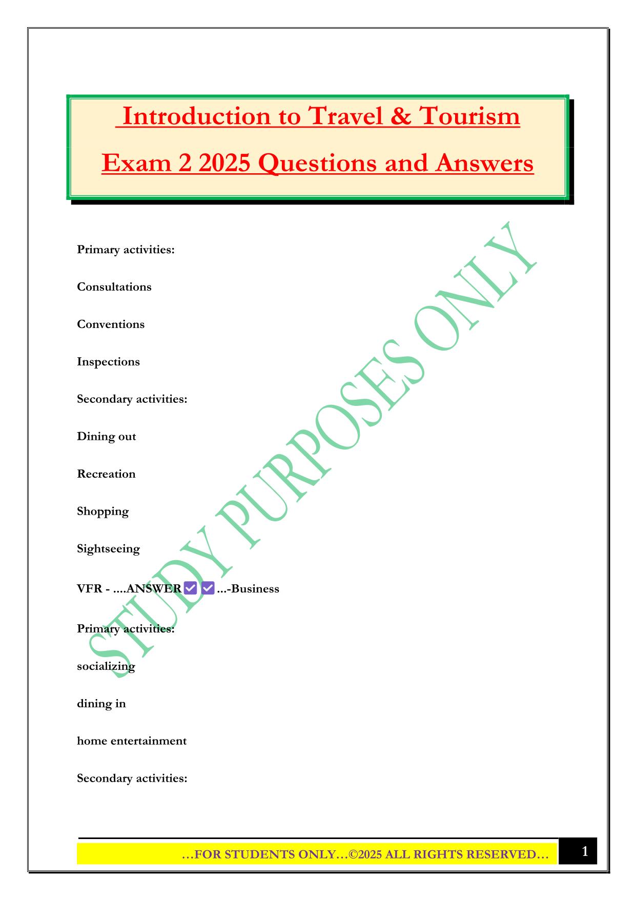 Introduction to Travel & Tourism Exam 2 2025 Questions and Answers