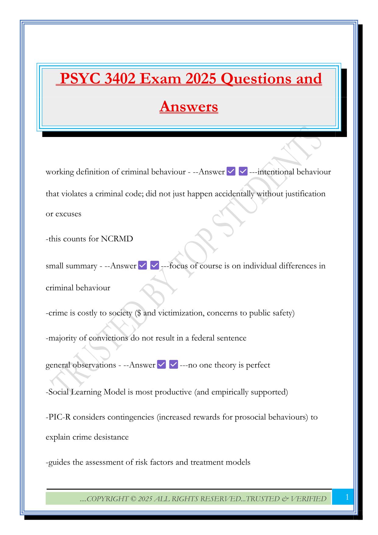 PSYC 3402 Exam 2025 Questions and Answers