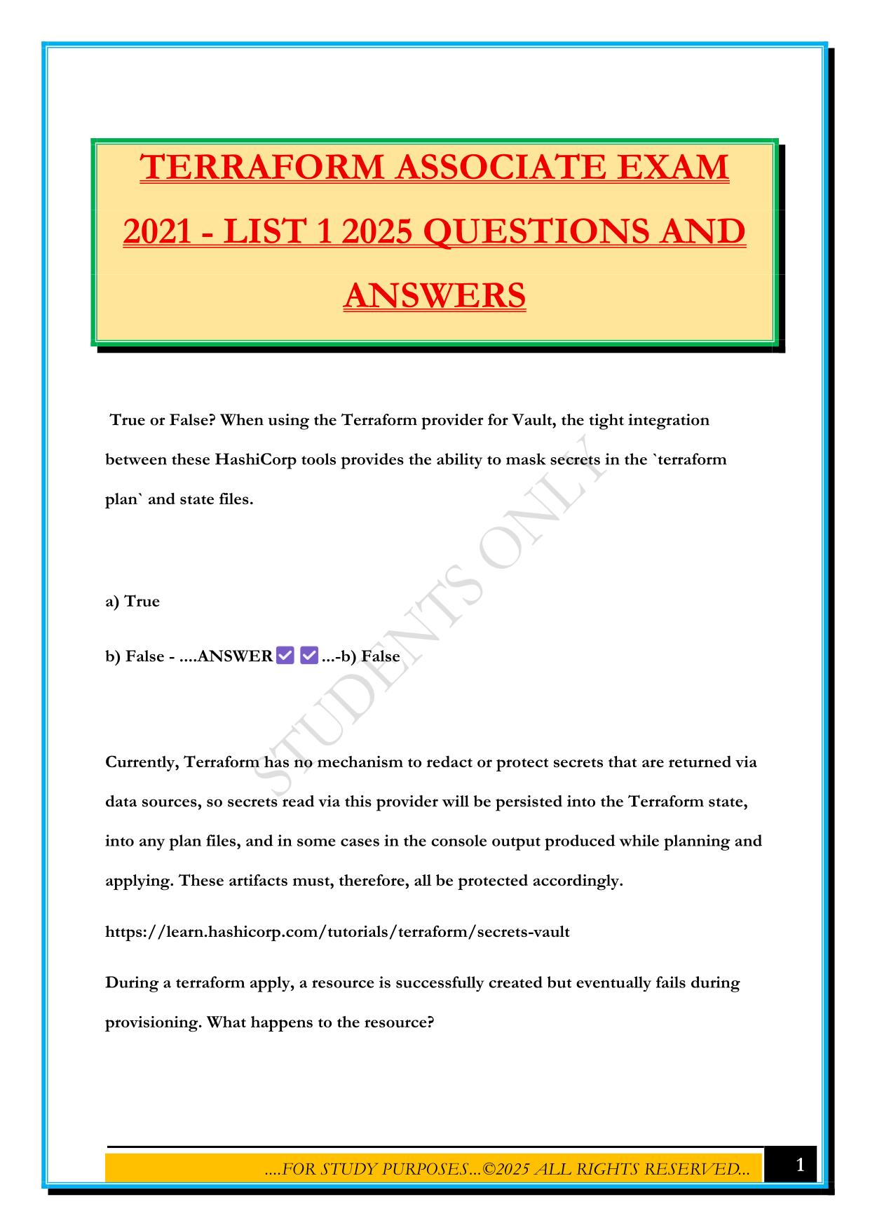 TERRAFORM ASSOCIATE EXAM 2021 - LIST 1 2025 QUESTIONS AND ANSWERS